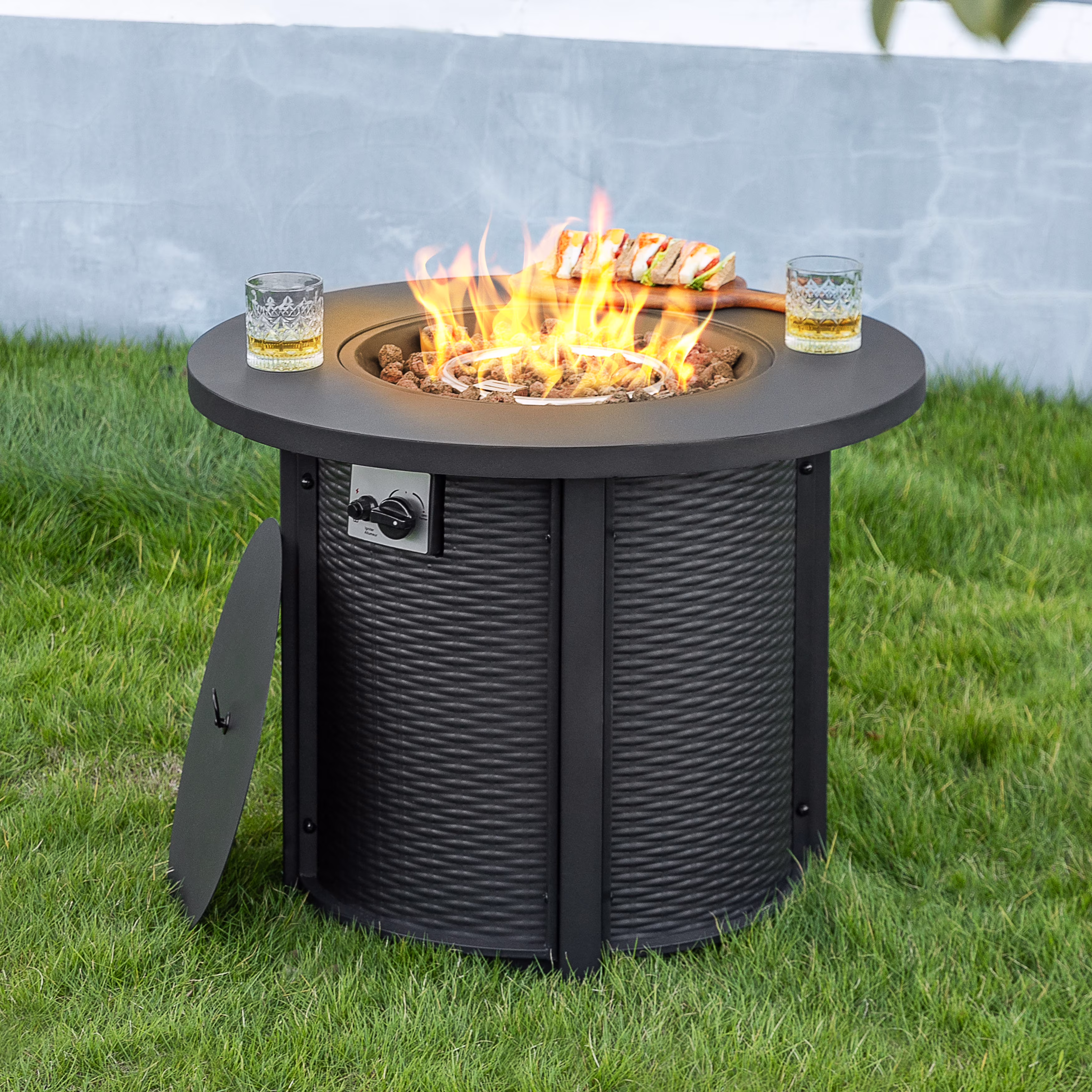 Outdoor Metal 30'' Round Propane Fire Pit Table with Rattan Embossed Pattern, CSA-Certified 2 in 1 Round Gas Fire Pit Table with Lid Lava Rocks, Patio Round Gas Fire Pit, Black