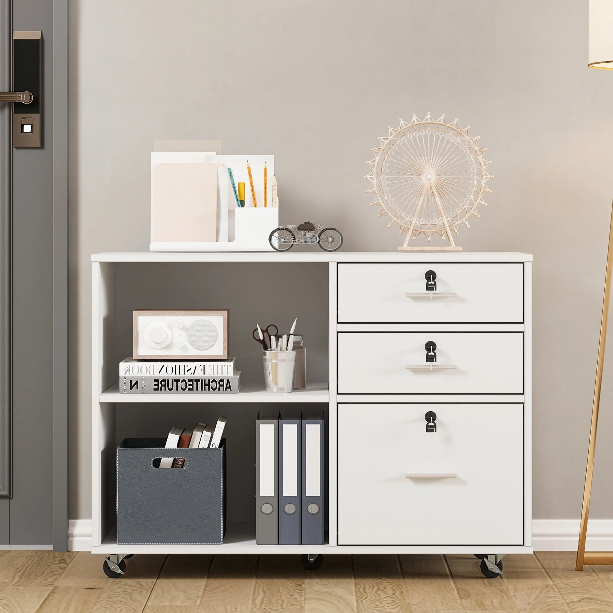 3 Drawer Wood Lateral Filing Cabinet with Locks, Printer Stand Storage File Cabinet with Shelves for Home Office, White(Black) Image 5