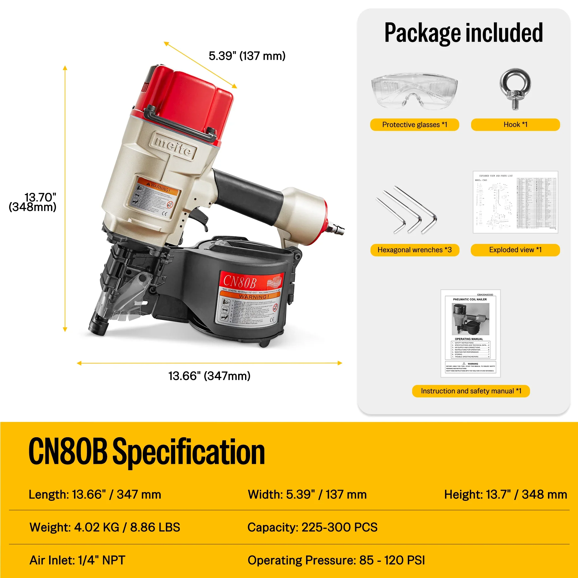 MEITE CN80B Pneumatic Coil Siding Nailer 15 Degree 2 to 3-1/4 Industrial Coil Nail Gun