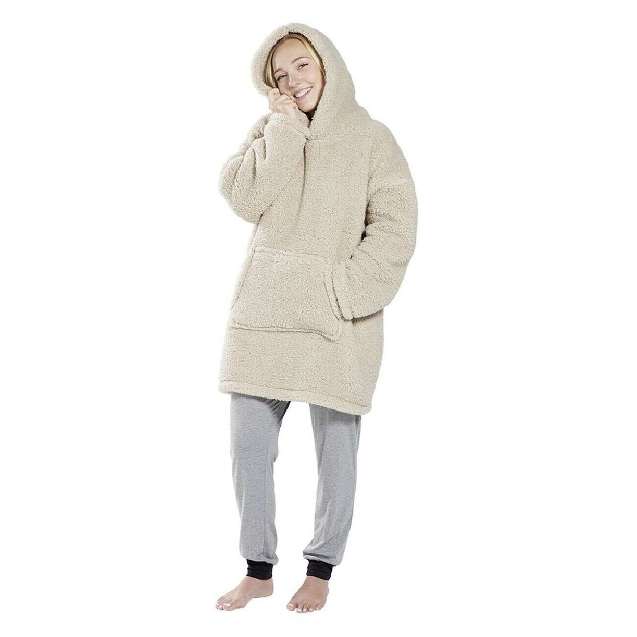 Pull plaid adulte polaire à capuche - beige ou blanc