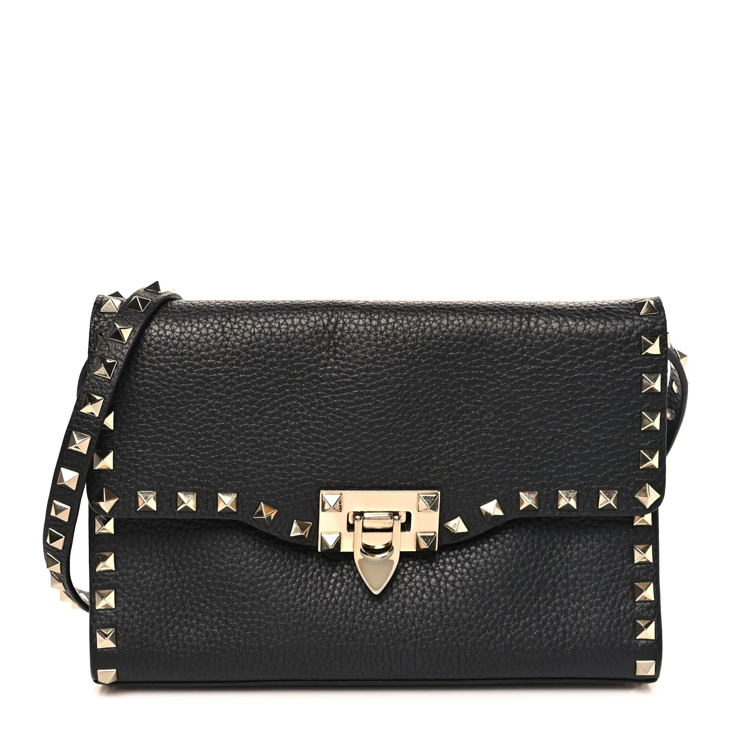 Pebbled Calfskin Medium Rockstud Flip Lock Crossbody Bag Black