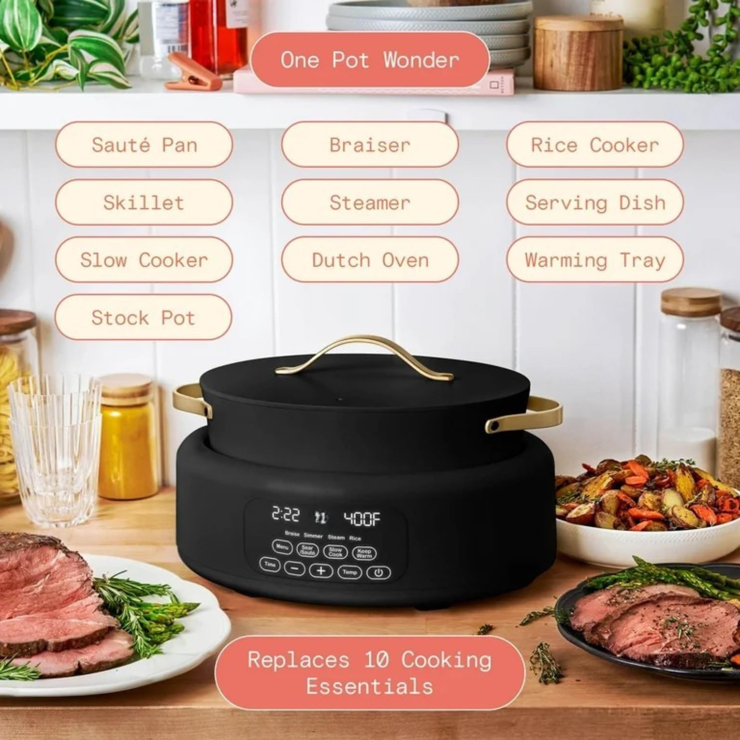 Multi-Cooker 6-Quart 10-in-1 Electric Multi Cooker, Digital Controls, Slow Cook, Steam, Sauté & Rice, Oven-Safe Nonstick Pot