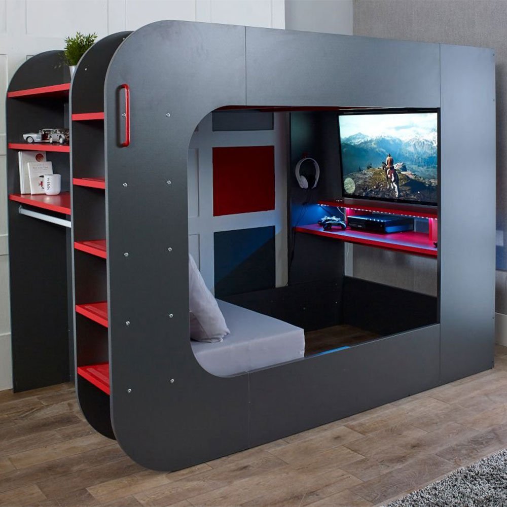 Lit mezzanine PodBed gris et rouge pour gamers avec canapé gris