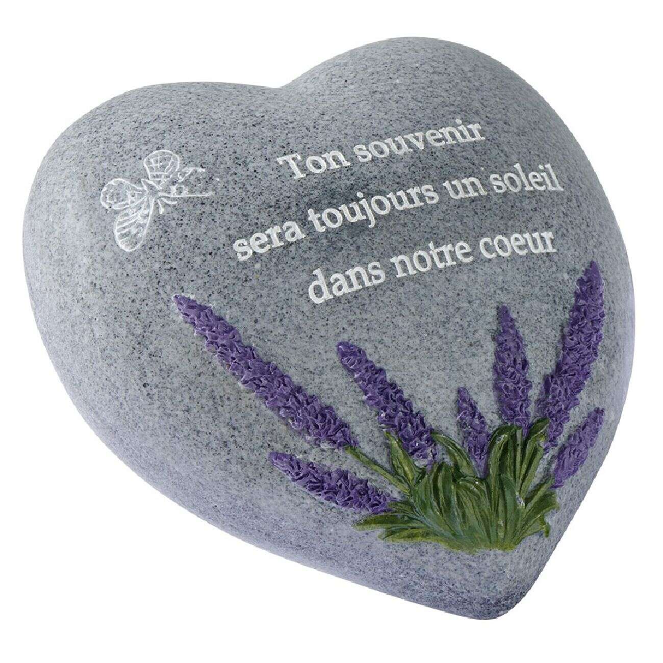 Pierre en résine grise en forme de coeur avec message