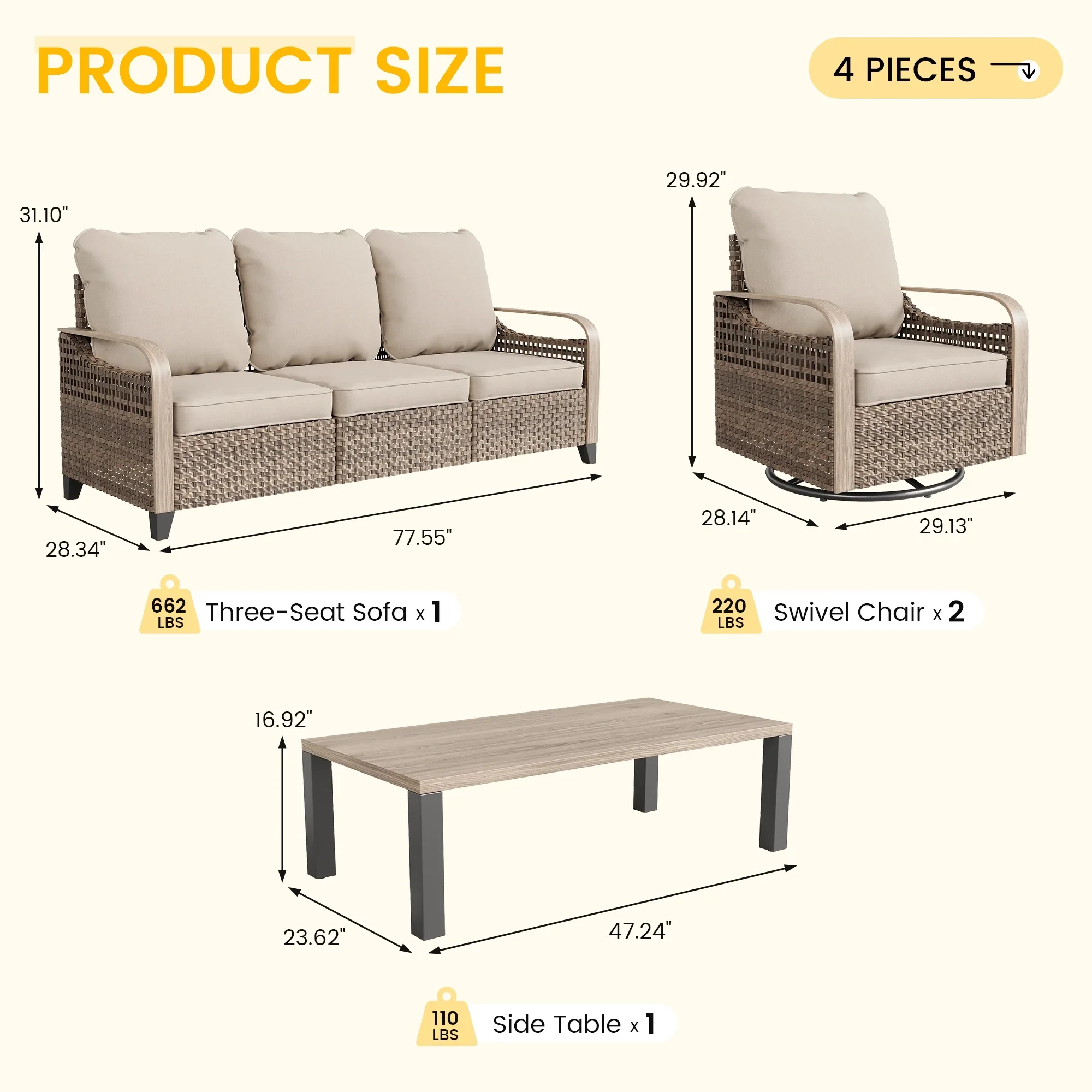 ELPOSUN L Shaped Conversation Sectional Sofa Set with Coffee Table, 5 Pieces Patio Furniture Seating Group with Side Table for Backyard Garden, Beige Grey