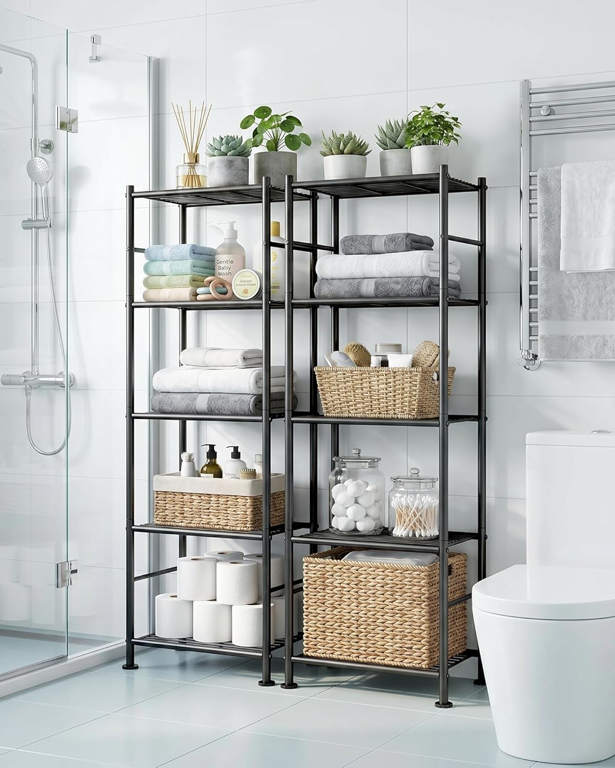 Sakugi Storage Shelves - Set of 2, 5-Tier Metal Shelf Organizer, Space-Saving Garage Shelving with Leveling Feet, Standing Shelves Organizer for Kitchen, Laundry, Pantry (18.4