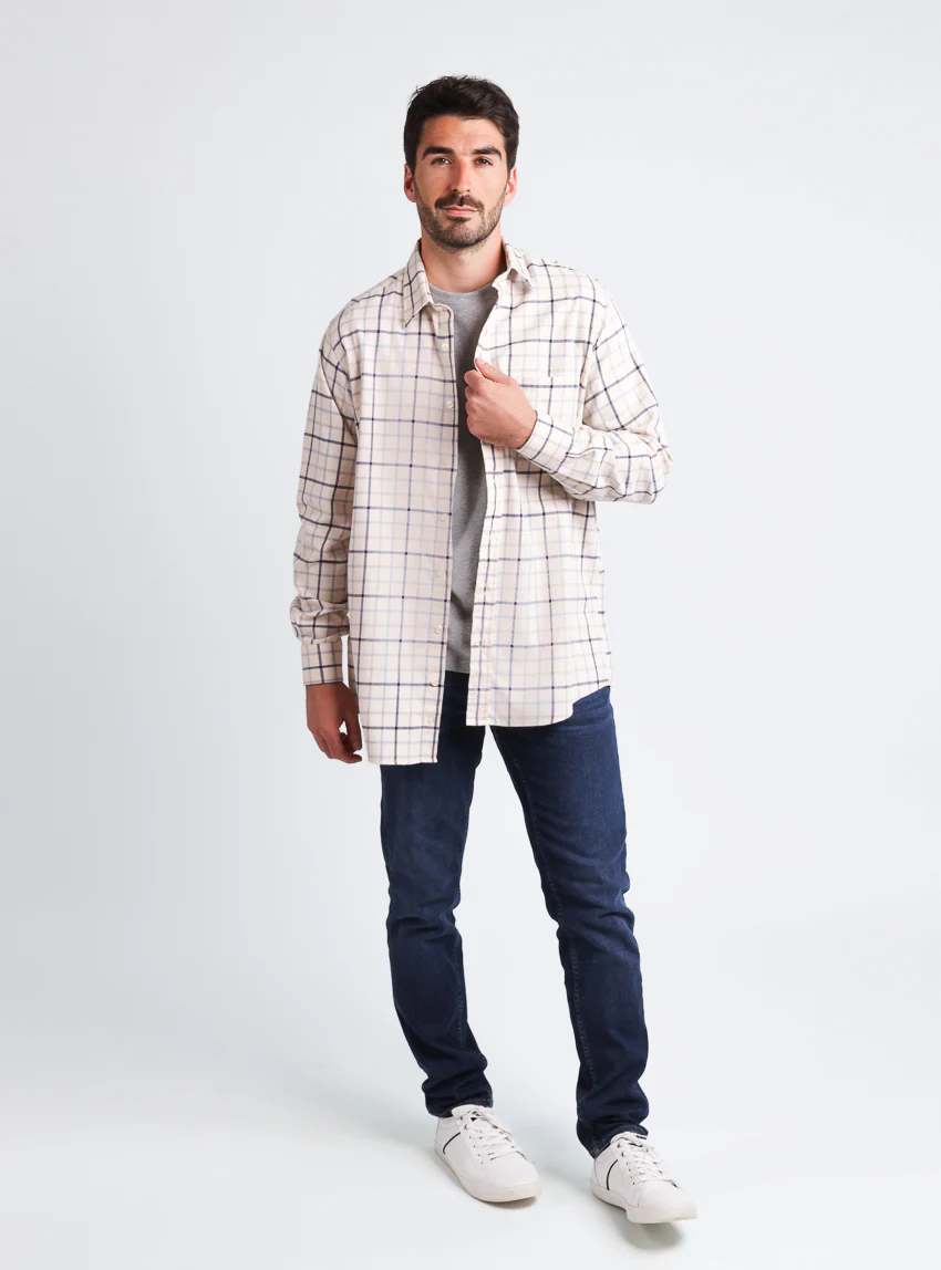 Chemise homme à motifs coton et laine carreaux bleu nuit