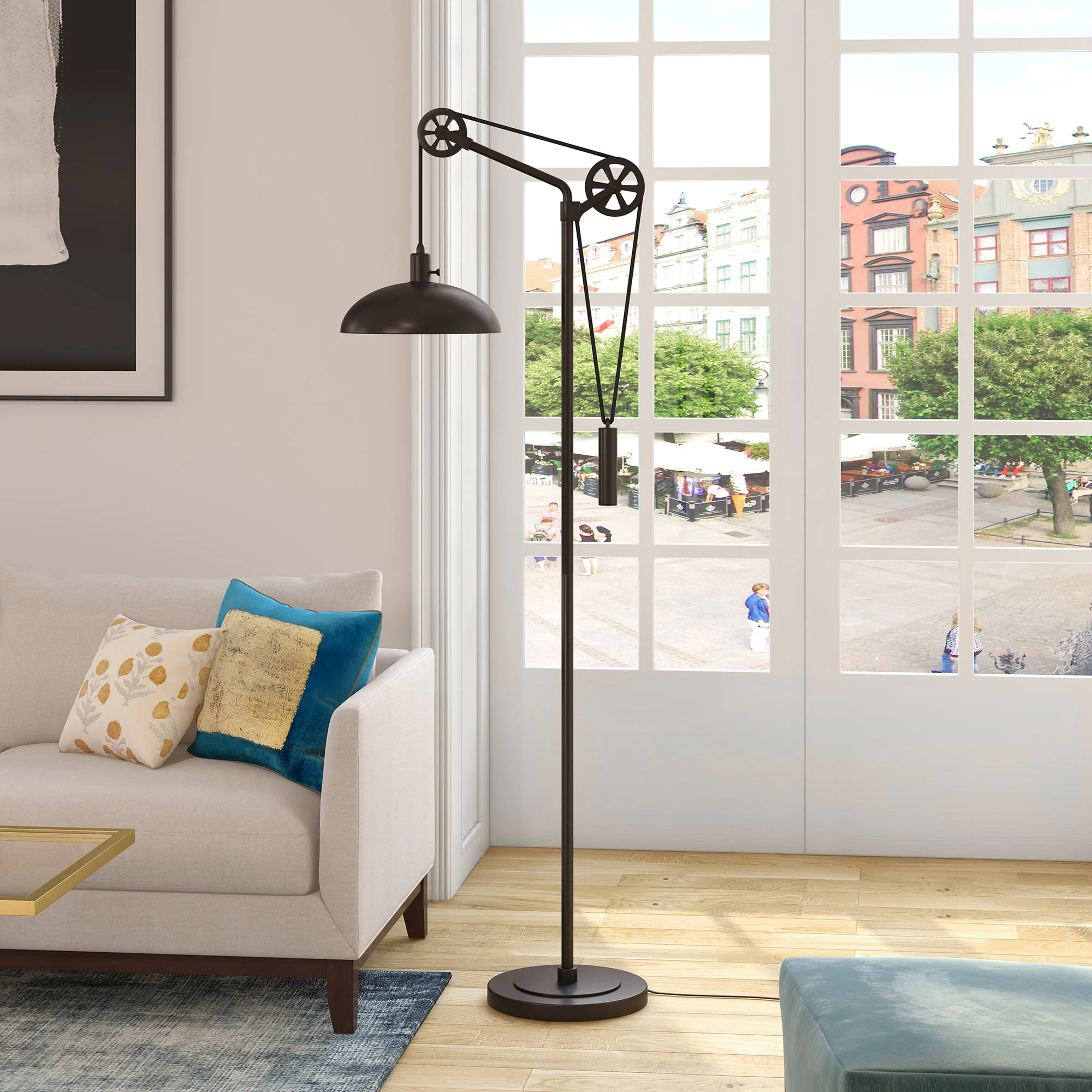 Lndustrial Metal Floor Lamp with Spoke Wheel Pulley System