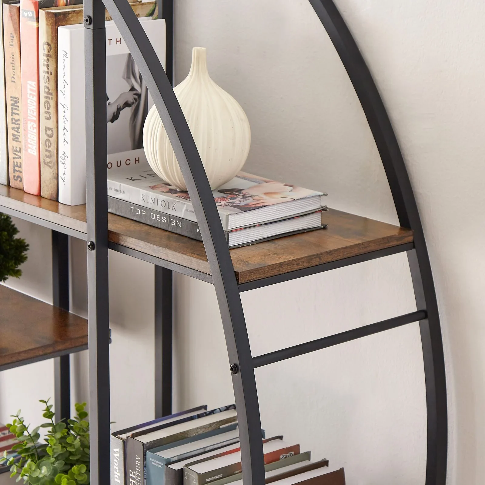 GymChoice Round Bookcase, Industrial Bookshelf Multi-Functional Plant Display Stand with 5 Shelving Units, Circle Retro Display Shelf for Living Room Terrace Garden Balcony, Rustic Brown