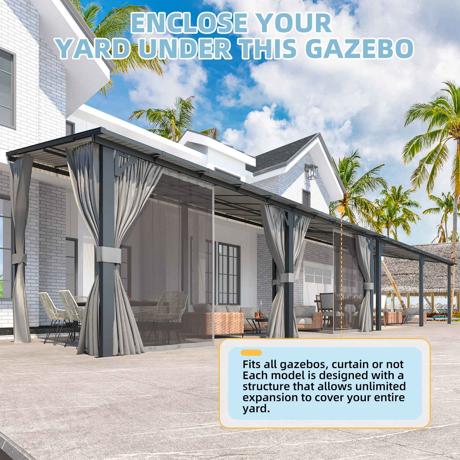 AECOJOY 20'x8' Wall Gazebo with Curtains and Mosquito Netting, Gray
