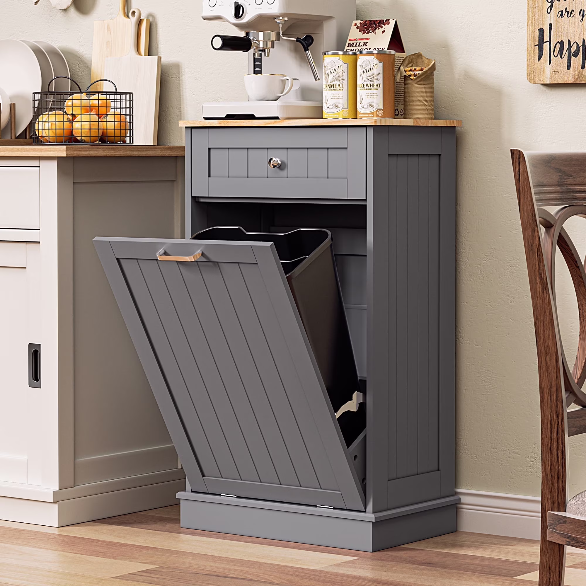 Single Tilt Out Trash Cabinet for 13 Gallon Waste Bin, Free Standing Kitchen Trash Can Cabinet with Drawers, White(White/13 gal) - Image 7