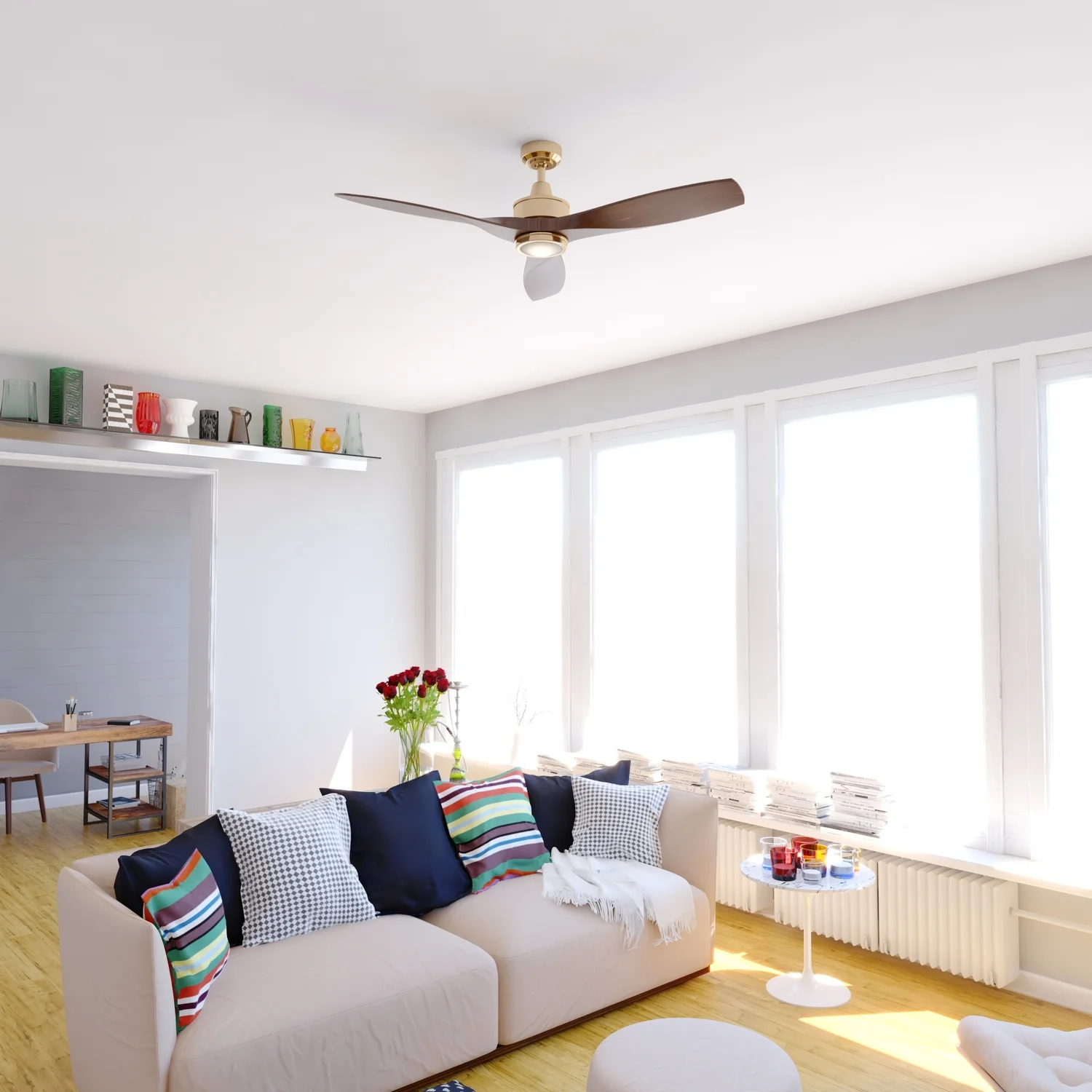 Curtiss Satin Brass Mid-Century Modern MCM Wood Propeller Ceiling Fan with LED Light Kit and Remote(Satin Brass) - Image 6