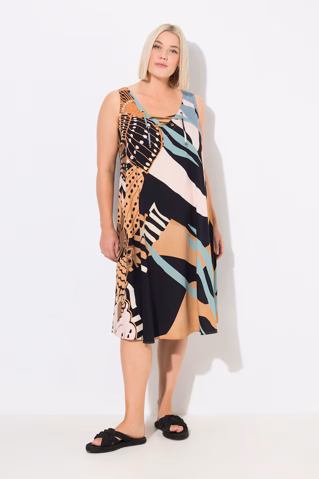 Graphic Print Sleeveless Lace Up Midi Dress