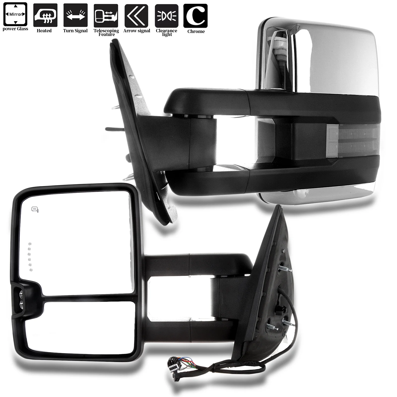 SCITOO Towing Mirrors Tow Mirrors Chrome Truck Mirrors Fit for 2007 - 2014 for Chevy Silverado for GMC Sierra (07 for New Body) with Pair LH RH Power Adjusted Heated Turn Signal Light Light