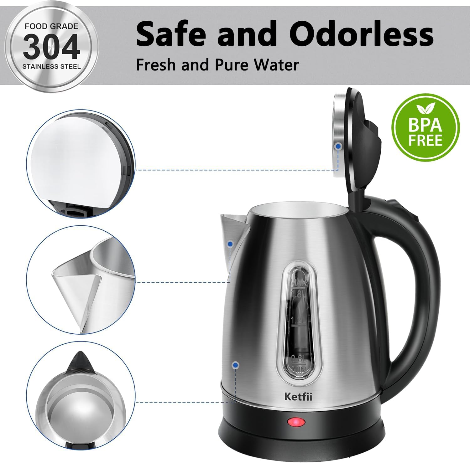 Stainless Steel Electric Kettle, 1.8 Liters Tea, Coffee Kettle & Hot Water Boiler, 360 °   Swivel Base, BPA Free, Auto Shut-Off, Boil-Dry Proof, 1100W