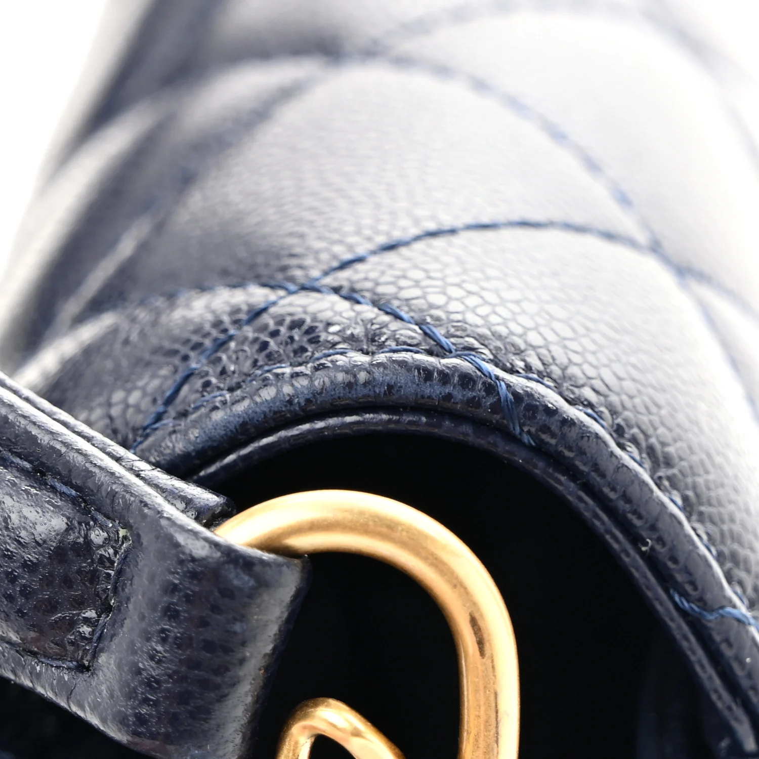 Shiny Caviar Quilted Mini Top Handle Flap Navy Blue