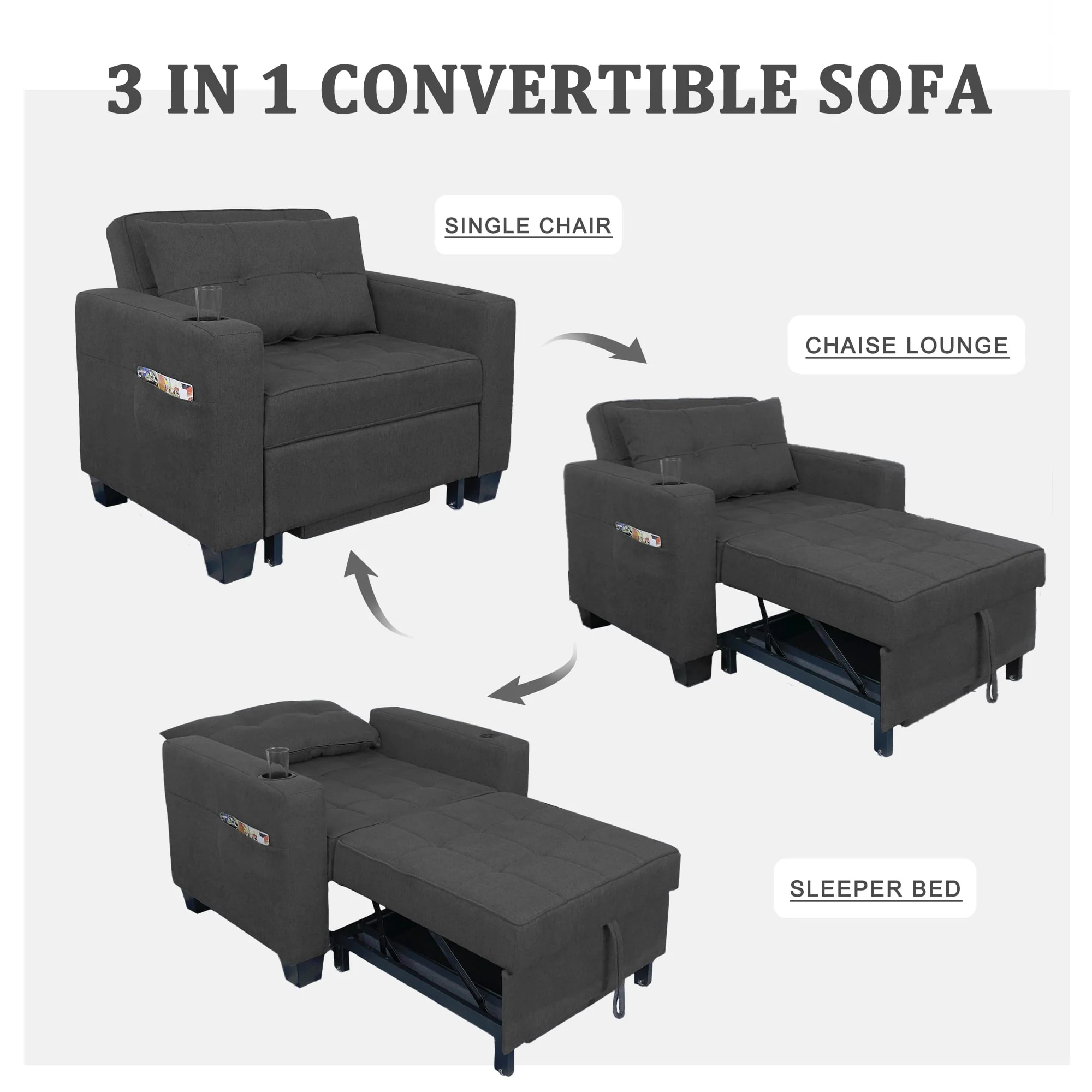 DURASPACE 3 in 1 Convertible Sleeper Chair Bed with Usb Port, Linen Pull Out Chair Indoor, Dark Gray