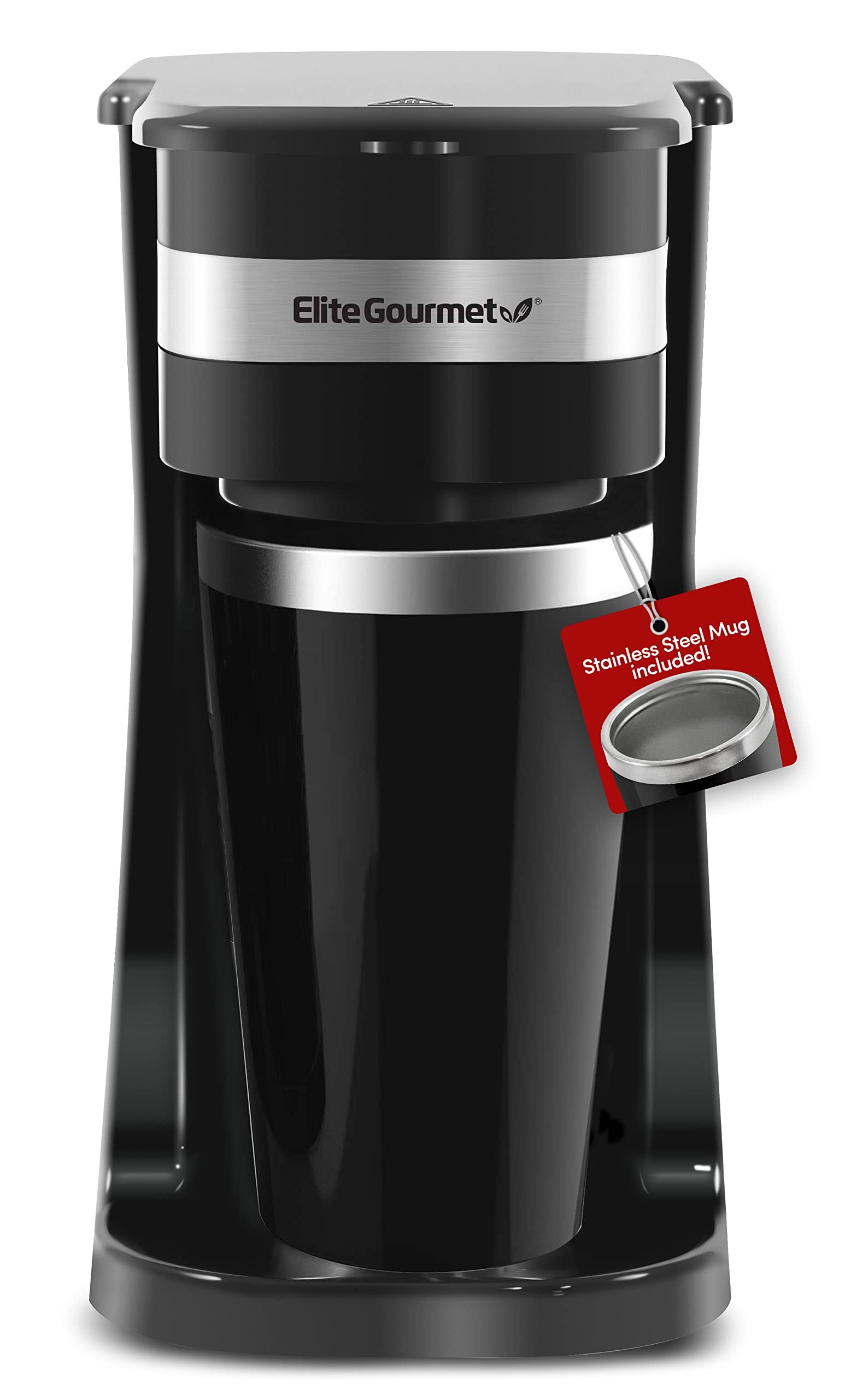 Elite Gourmet Single Serve Personal Coffee Maker with Stainless Steel Travel Mug, Black