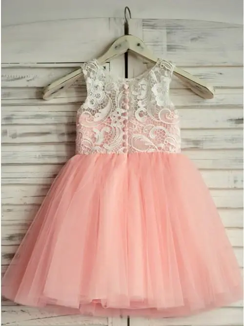 A-Line Round Neck Floor-Length Pink Flower Girl Dress with Lace DMP19