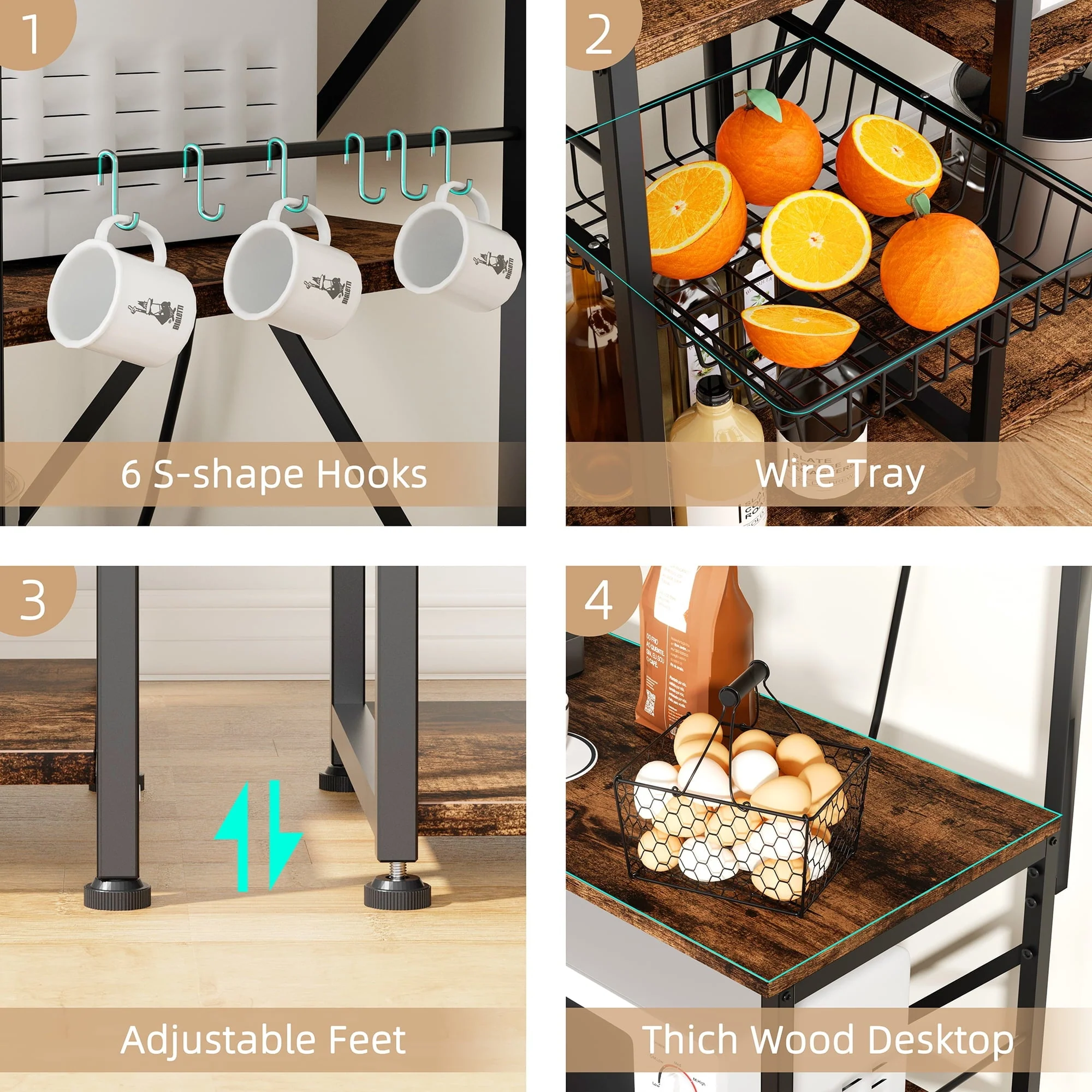 Walsunny Kitchen Bakers Rack with Power Outlet,Industrial Kitchen Island Storage Shelf with 6 Hooks 6 Tier Rack(no power Outlet/Gray)