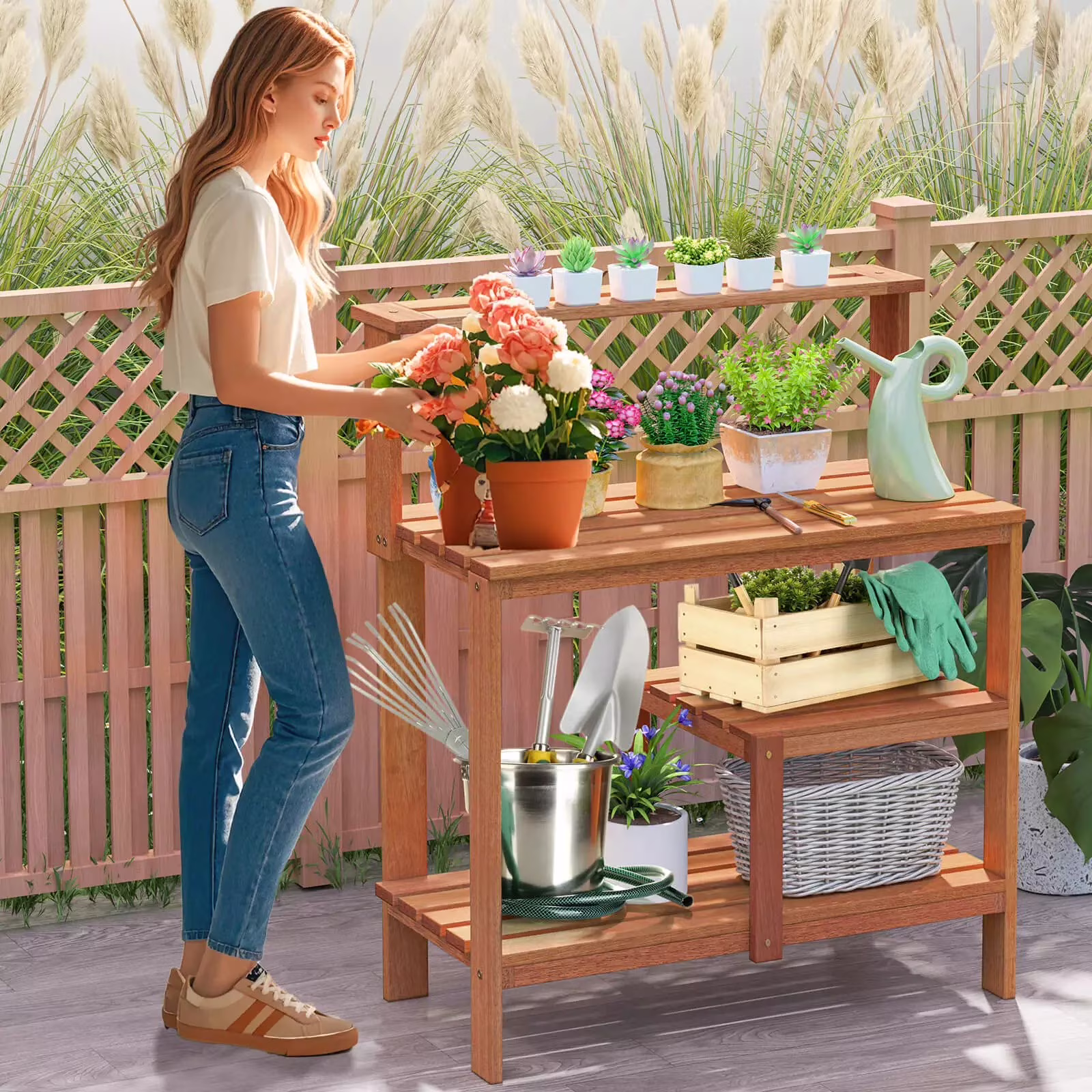Auranook Outdoor Potting Bench Table, Solid Wood Potting Table with Open Shelves, Teak Oil Finish, Gardening Workstation & Planting Work Table