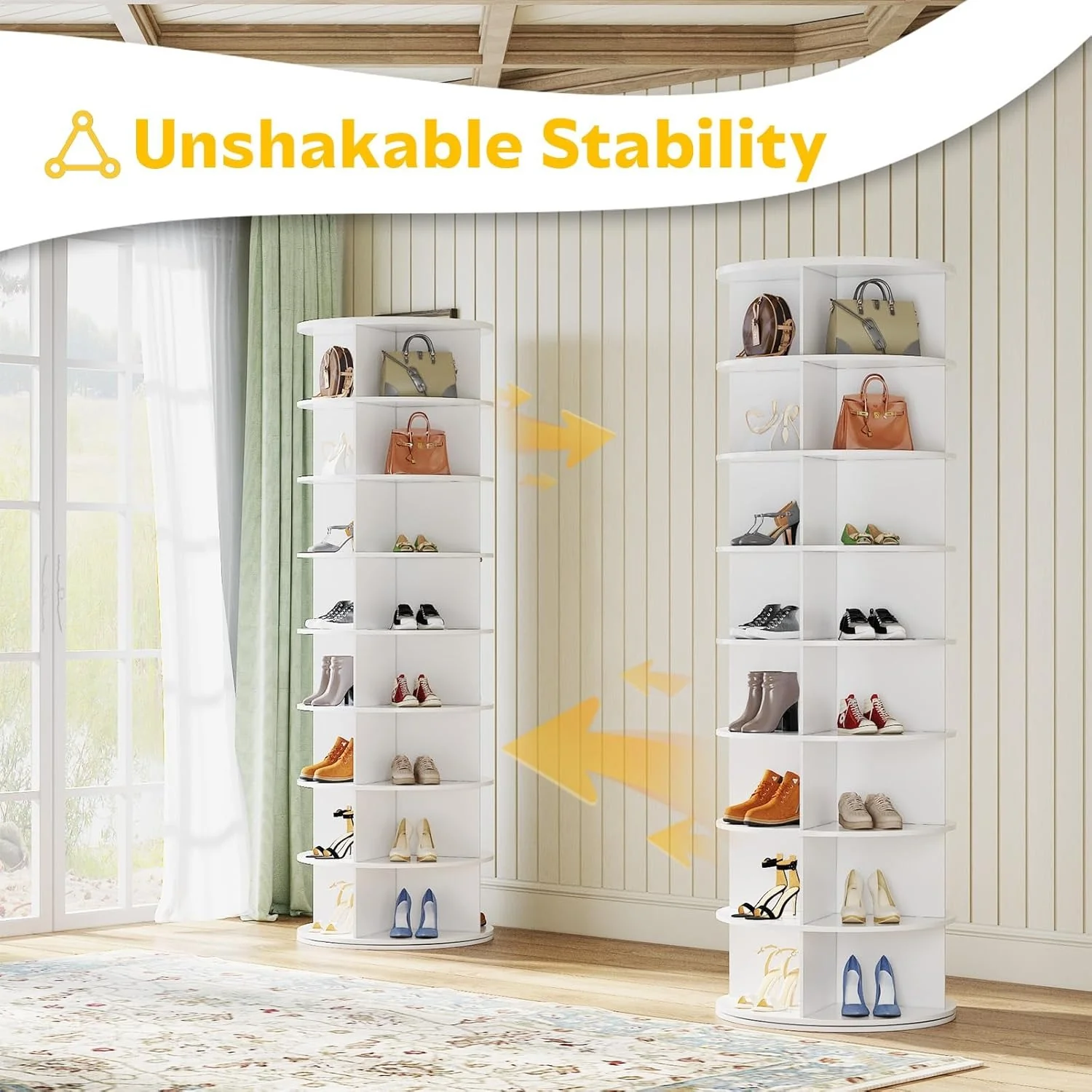 AECOJOY 8 Tier Rotating Shoe Rack Tower, Spinning Shoe Display Lazy Susan, Fits 32 Pairs of Shoes, White