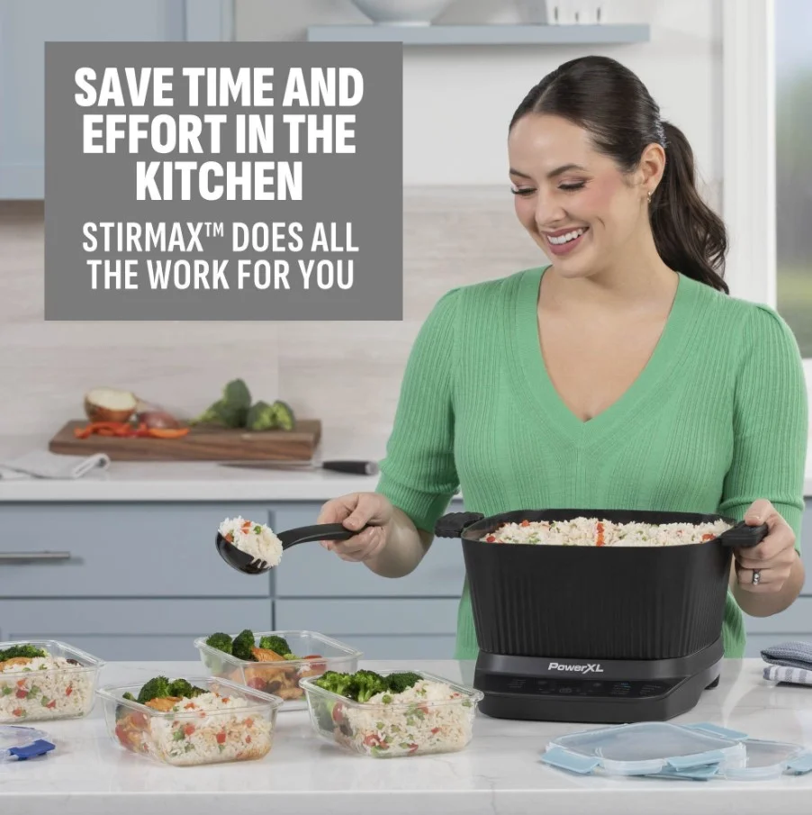 Power XL Stirmax 7.5 Qt Multi - Cooker with Auto Stir/Shred Paddle and 9 Presets, Matte Black