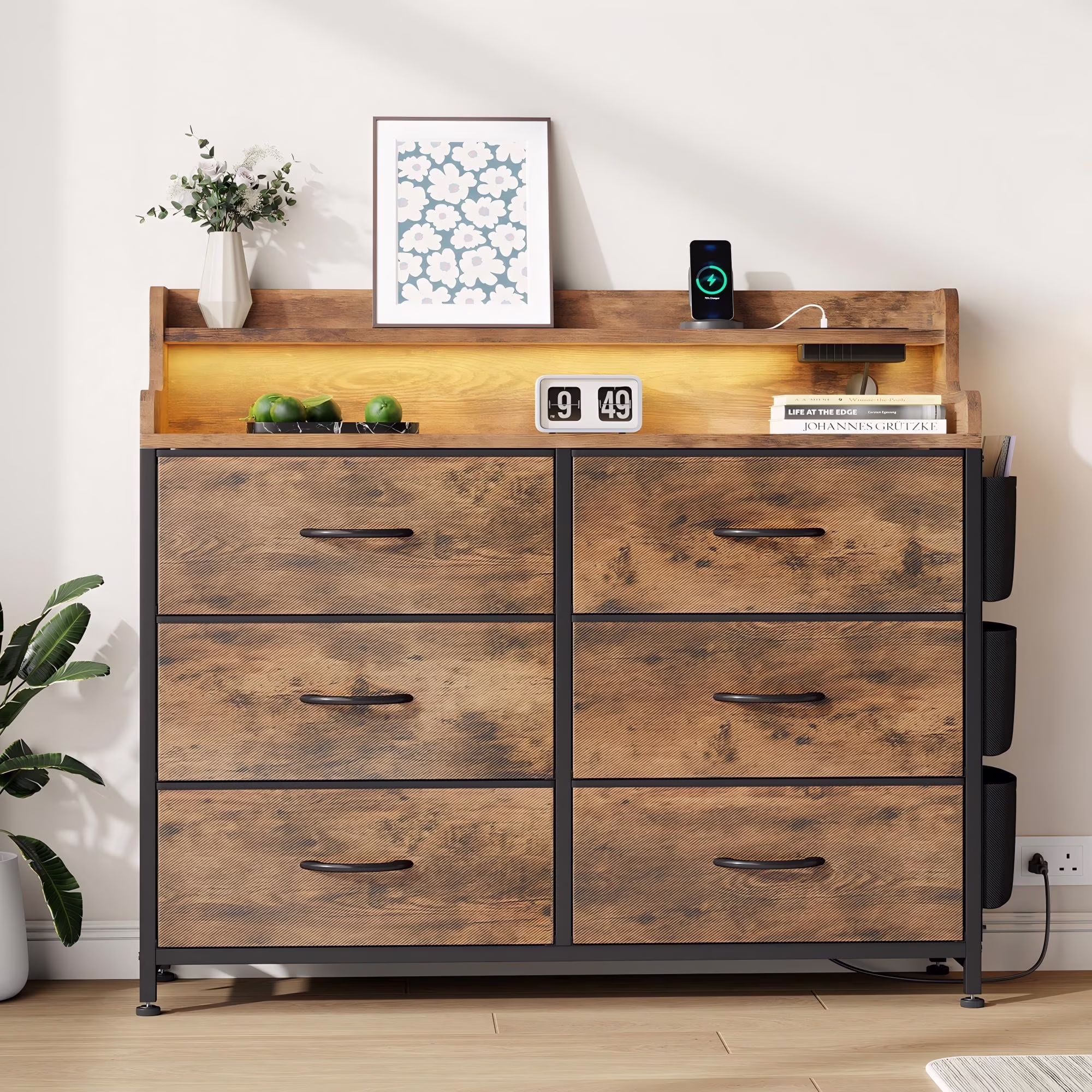 Laintene Dresser for Bedroom, 6 Drawer Dresser with LED Lights and Charging Station, Wide Chest of 6 Drawers with Open Space, Modern Large Capacity Storage Cabinet, Living Room, Hallway
