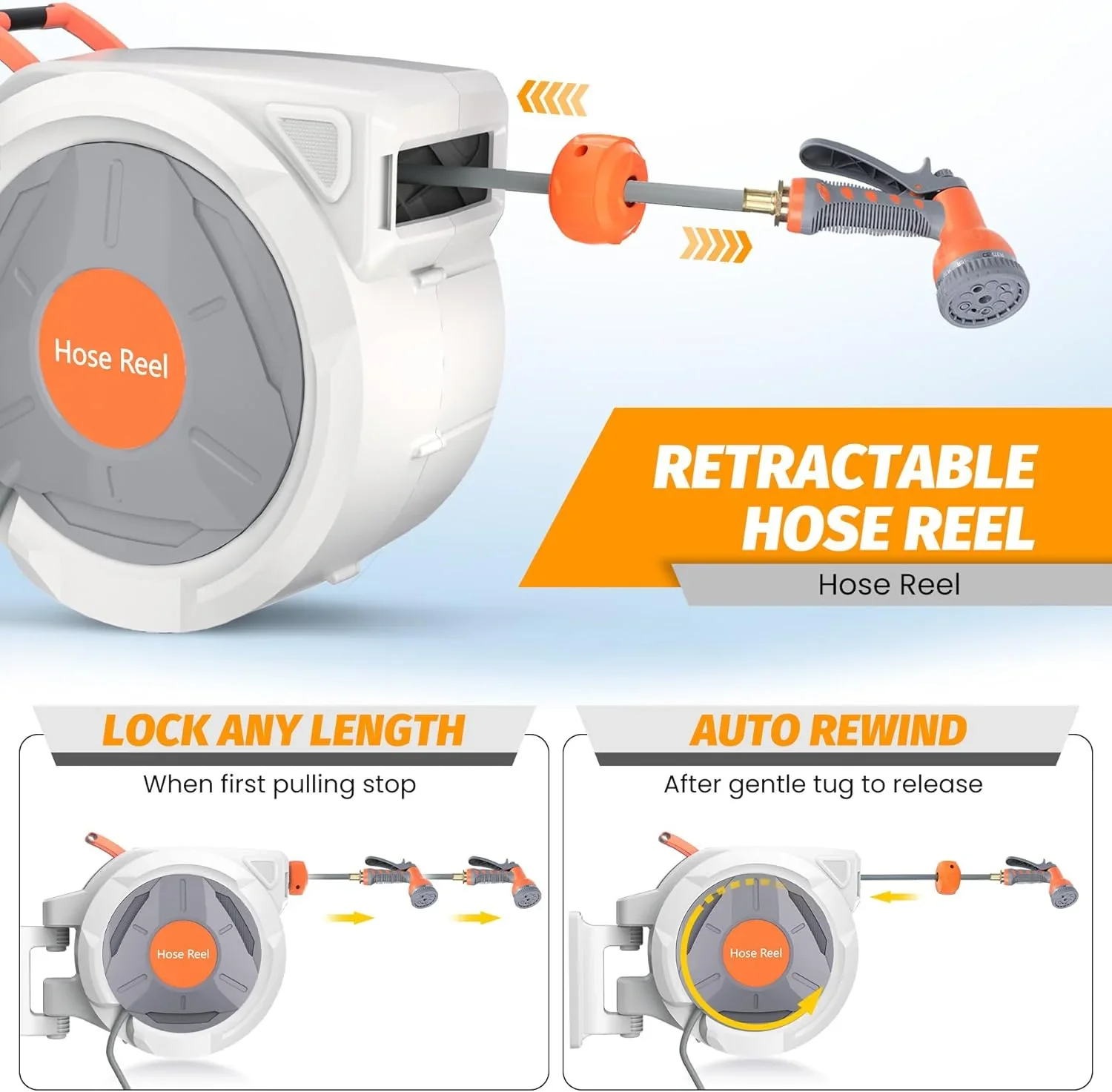 Auto-Retract Wall-Mounted Garden Hose Reel w/9-Pattern Nozzle, 180�� Swivel & Any-Length Lock, 600PSI Durable