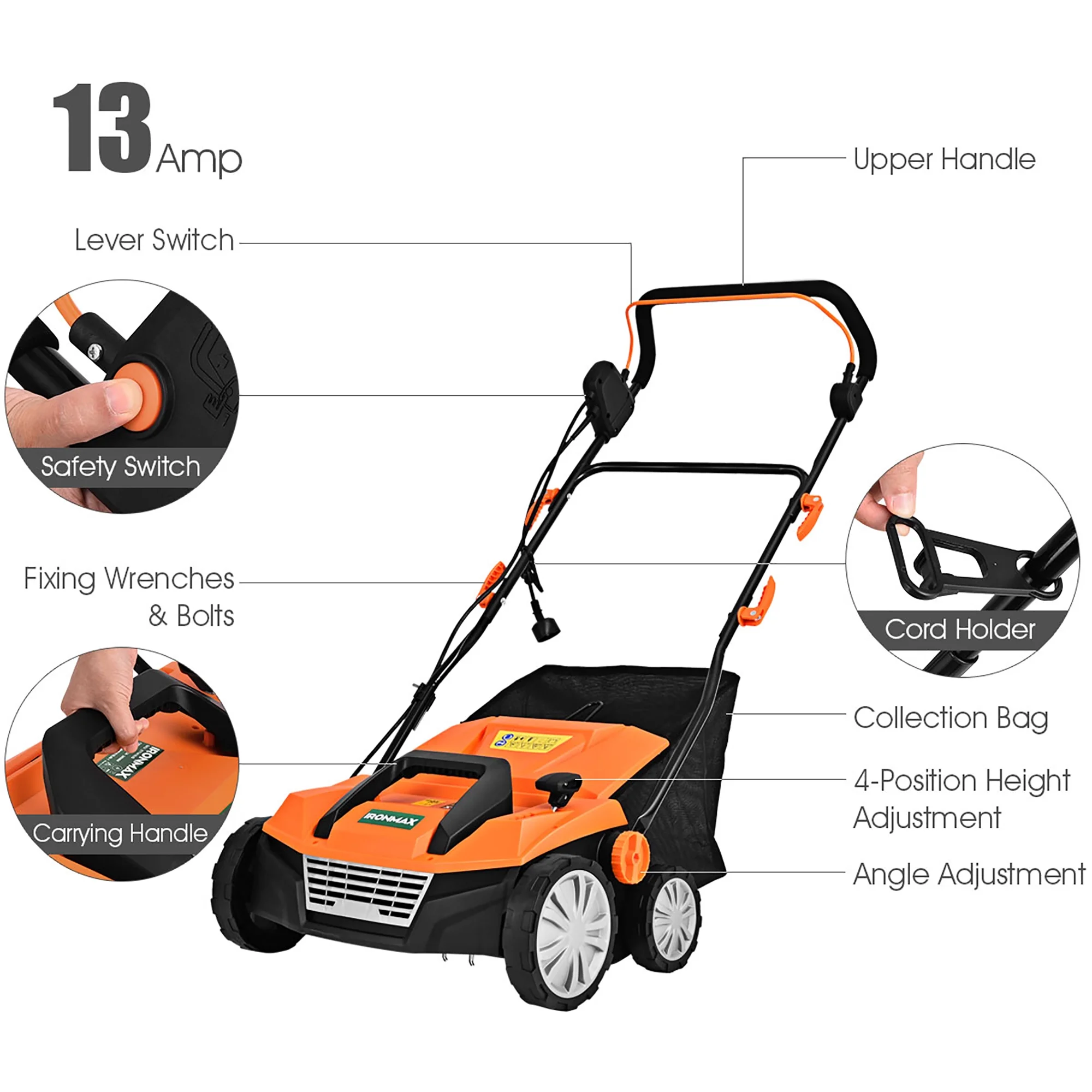 13Amp Corded Scarifier 15" Electric Lawn Dethatcher w/50L Collection Bag Orange(Orange) - Image 4