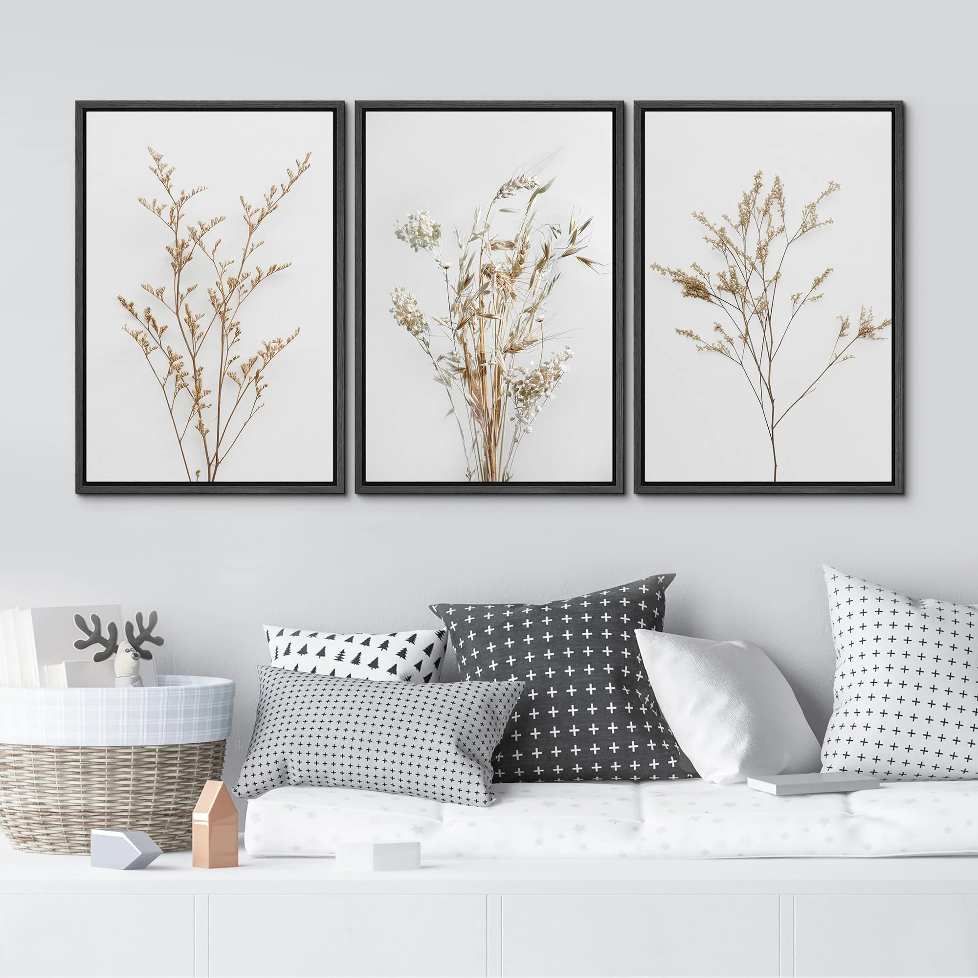Framed Canvas Print Wall Art Set of 3 Wildflower Floral Botanical Prints, Modern Farmhouse Flowers Wall Decor, Large Wall Art, Minimalist Artwork for Home Decor Black 16"x24"x3(16" x 24"/Black) - Image 3