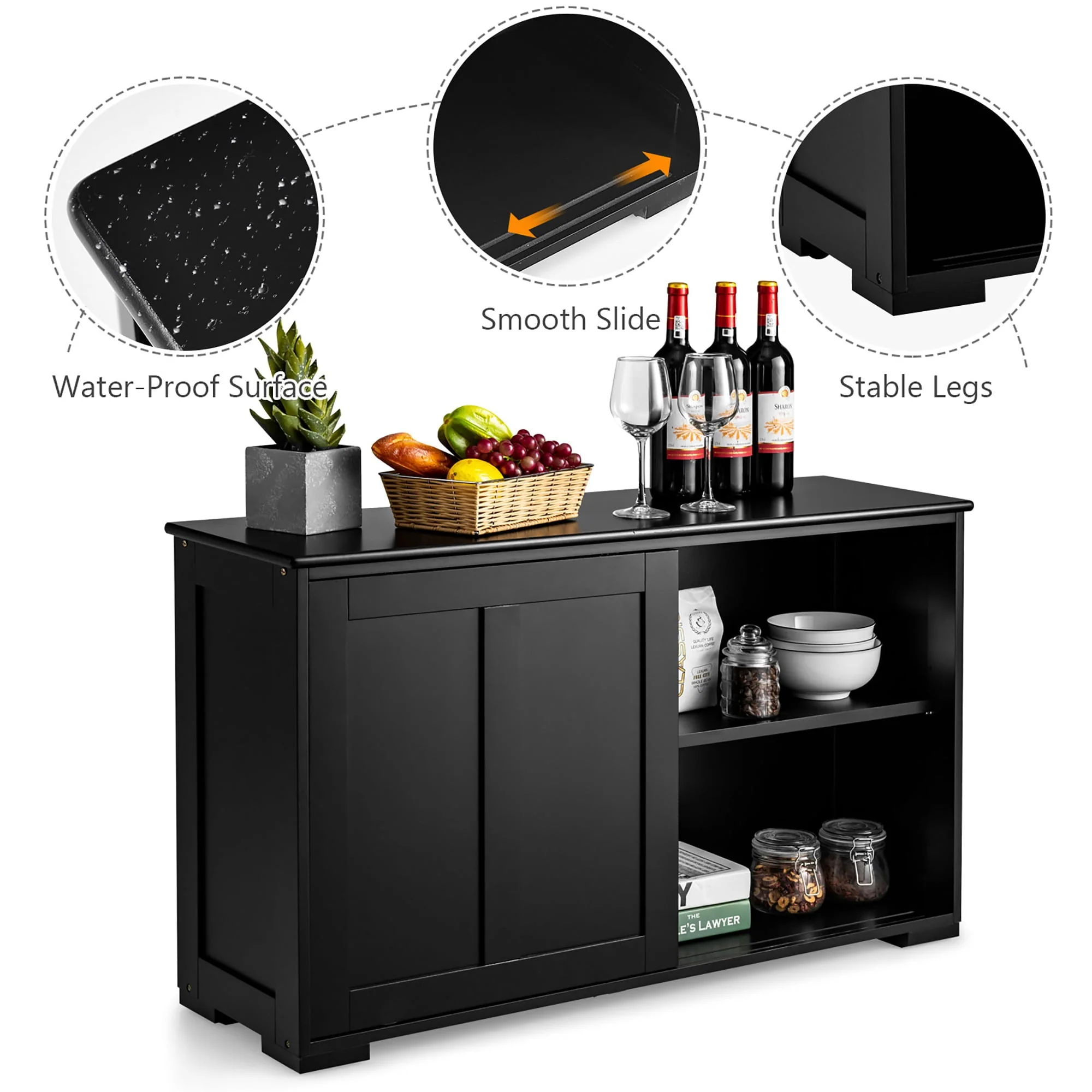 Costway Kitchen Storage Cabinet Sideboard Buffet Cupboard Wood Sliding Door Pantry Black
