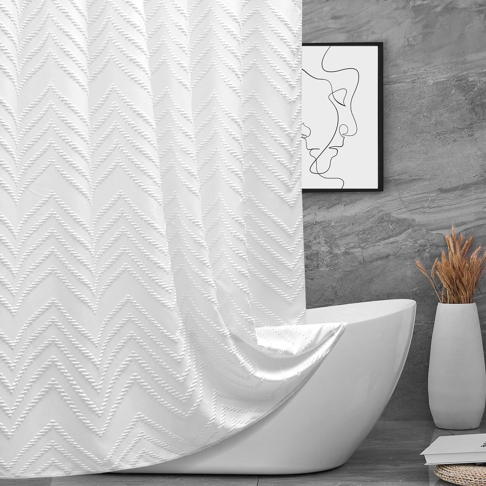 TURKIO Extra Long Shower Curtains 72 x 84 Inches White Tufted Chevron Striped Fabric Shower Curtains for Bathroom Modern Shabby Chic Waterproof Cloth