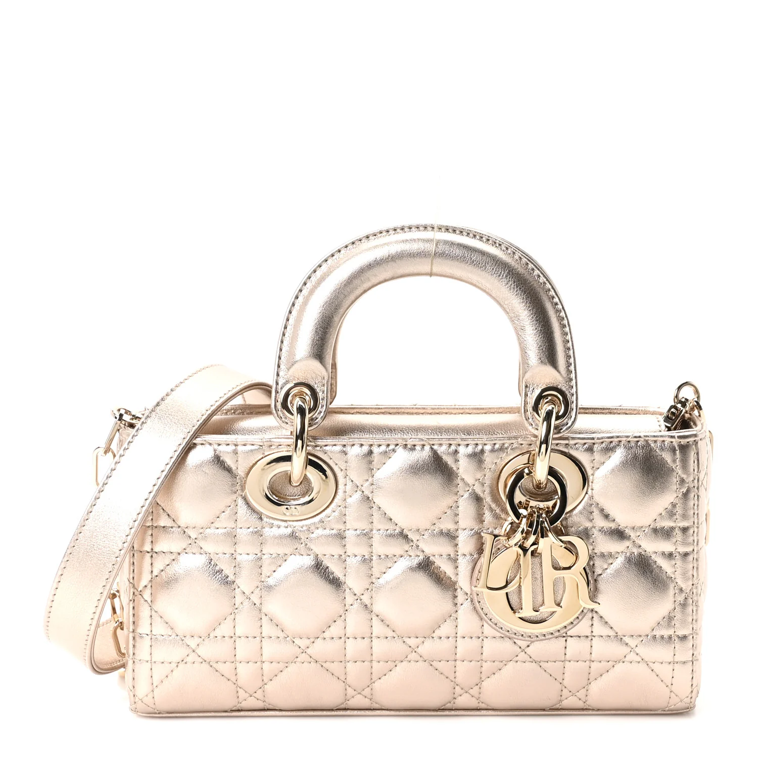 Metallic Lambskin Cannage Small Lady D-Joy Champagne
