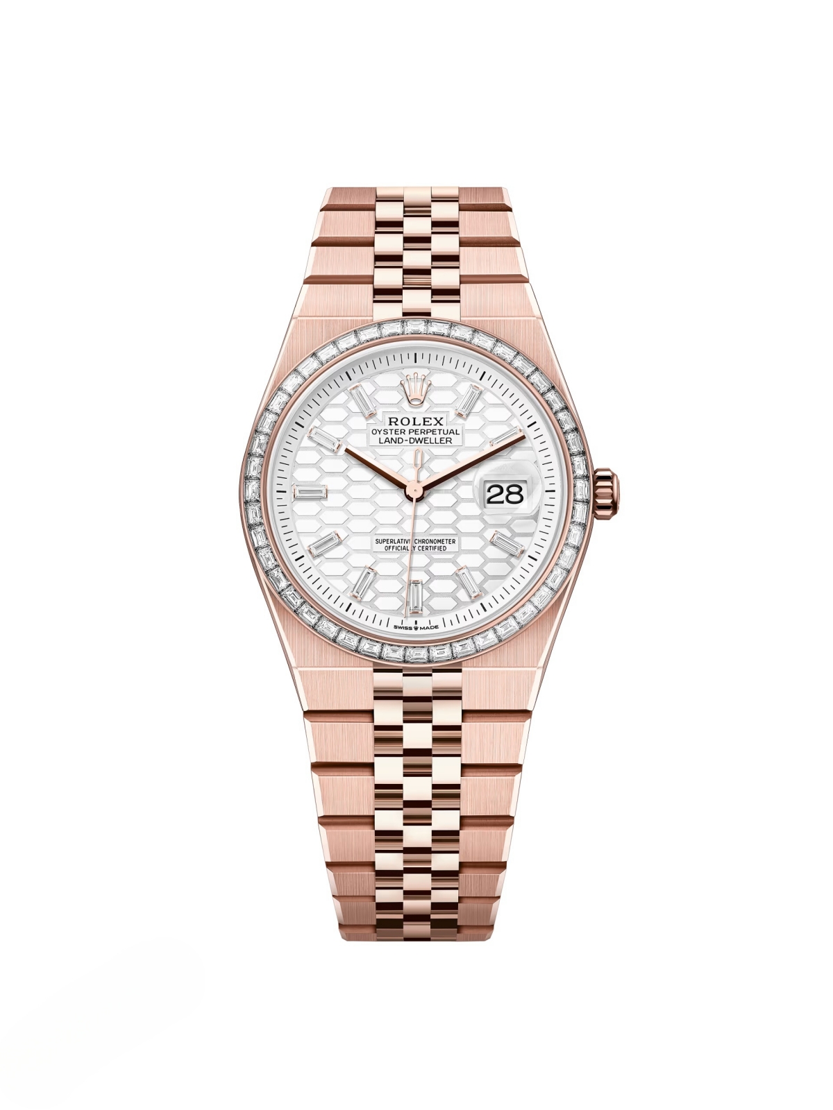 【Super Clone】RLX Land-Dweller 127285TBR-0002 White Honeycomb Dial Diamond Everose Jubilee Bracelet 36mm