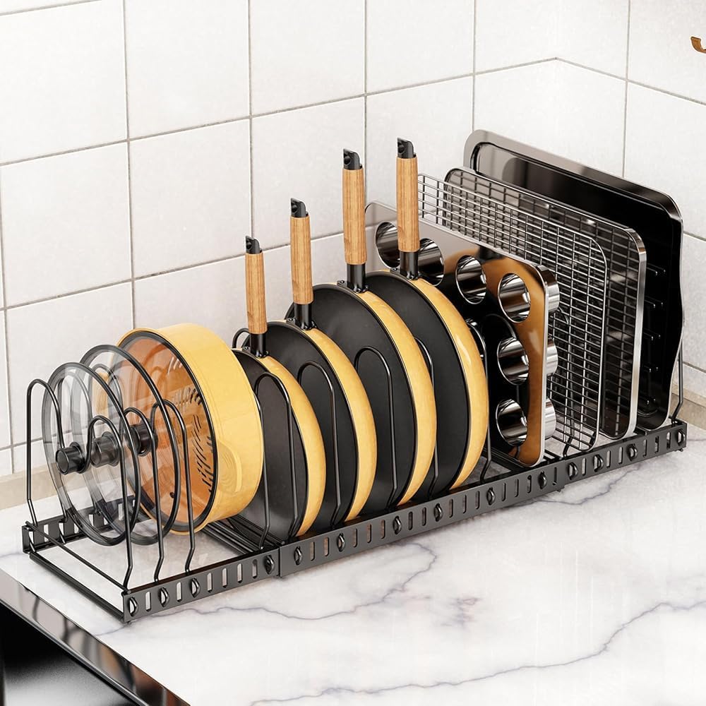 Pot and Pan Organizer Rack for Cabinet & Countertop, 3-Tier Expandable Holder with 12 Adjustable Compartments, Kitchen Storage for Pan Lid, Cutting Board, Cookware & Bakeware, Black