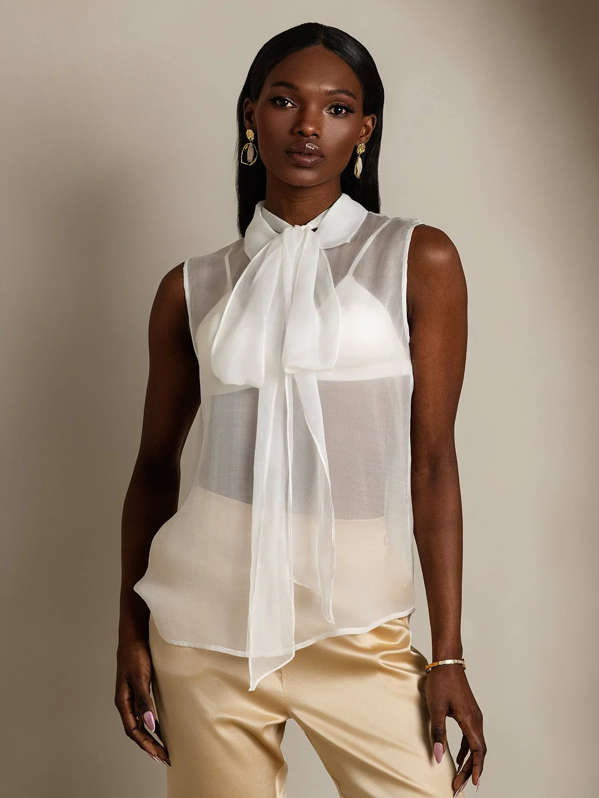 Pure Silk Chiffon Women's Sleeveless Tie Neck Sheer Blouse