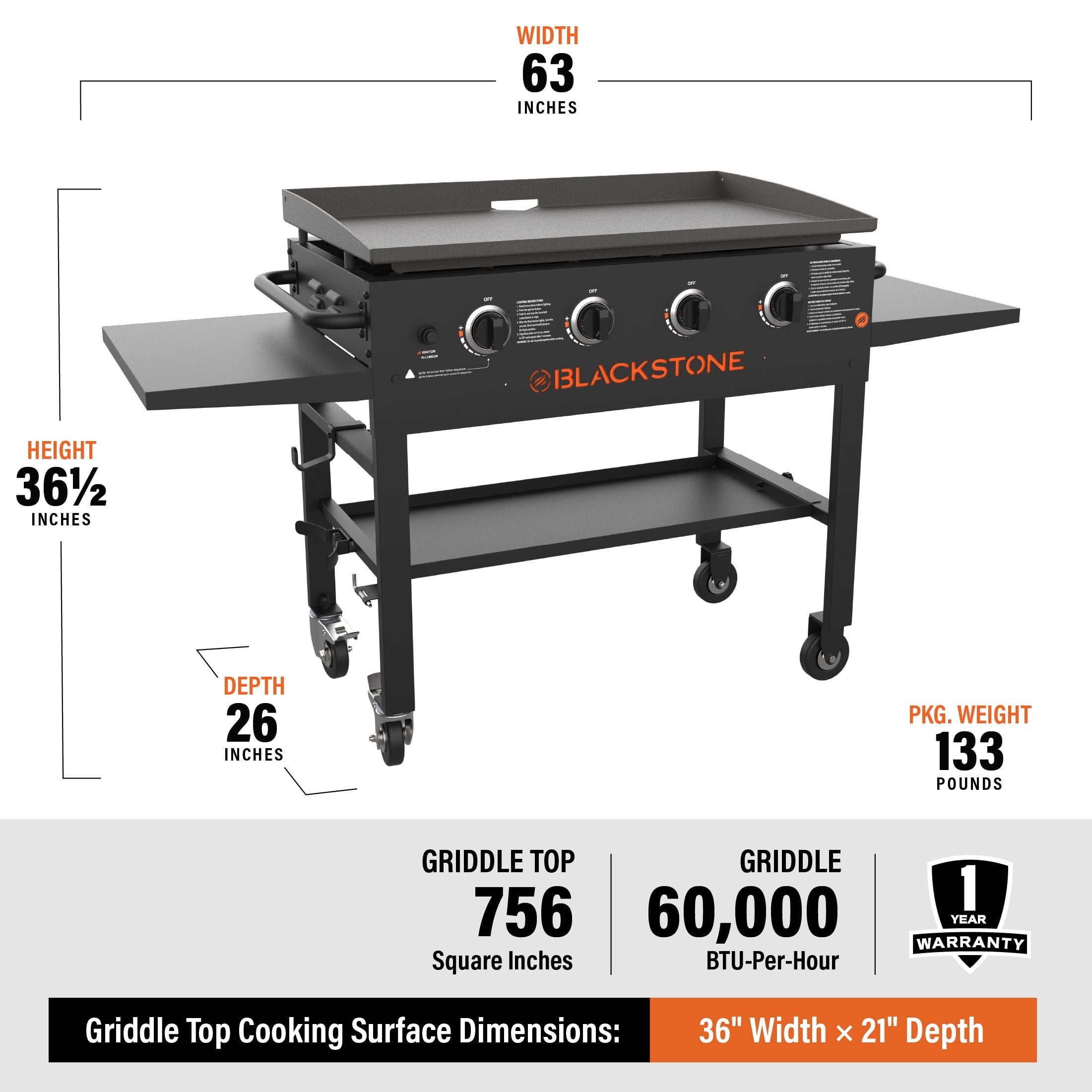 4-Burner 36 Griddle Cooking Station with Side Shelves
