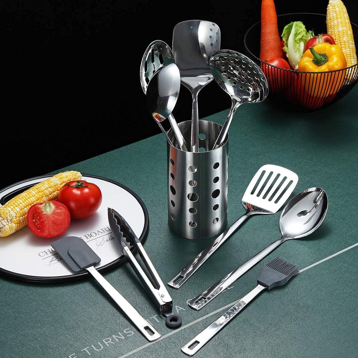 Stainless Steel Cooking Utensils Set, Berglander 13 Pieces Kitchen Utensils Set, Kitchen Tools Set With Utensil Holder Non-Stick And Heat Resistant, Dishwasher Safe, Easy to Clean (13 Pieces)