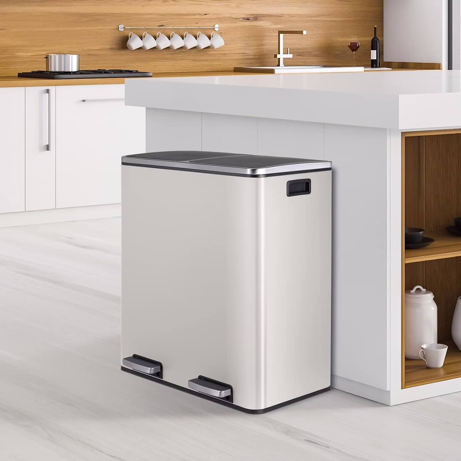 60 L/16 gal Dual Trash Can, Stainless Steel Garbage Can for Kitchen, Recycle Bin with Lid(Black) - Image 3
