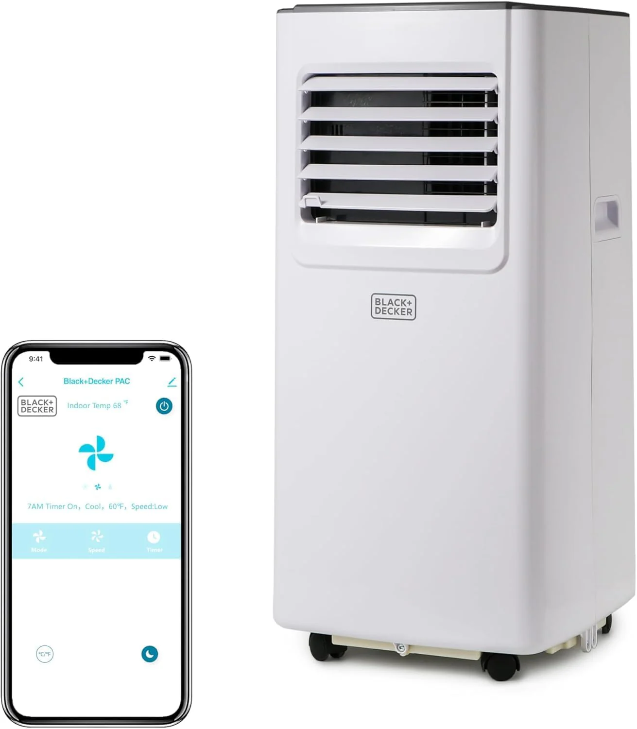 Climatiseur portable BLACK+DECKER 8 000 BTU avec Wi-Fi et télécommande, 3 en 1 (climatiseur, ventilateur et déshumidificateur), compatible avec application, Alexa et Google Assistant, kit fenêtre