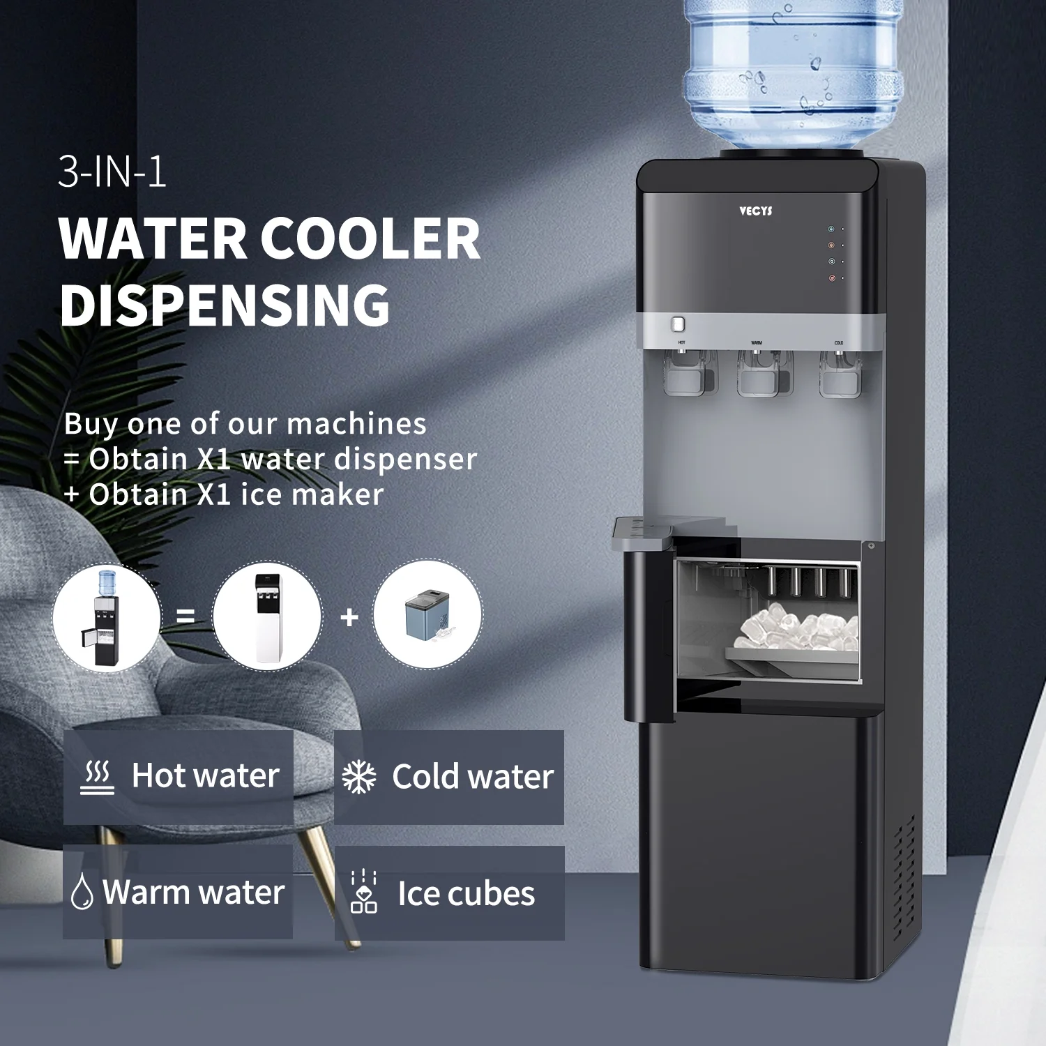 VECYS Hot Water Dispenser with Ice Maker, 27 lb Daily Ice & Child Lock