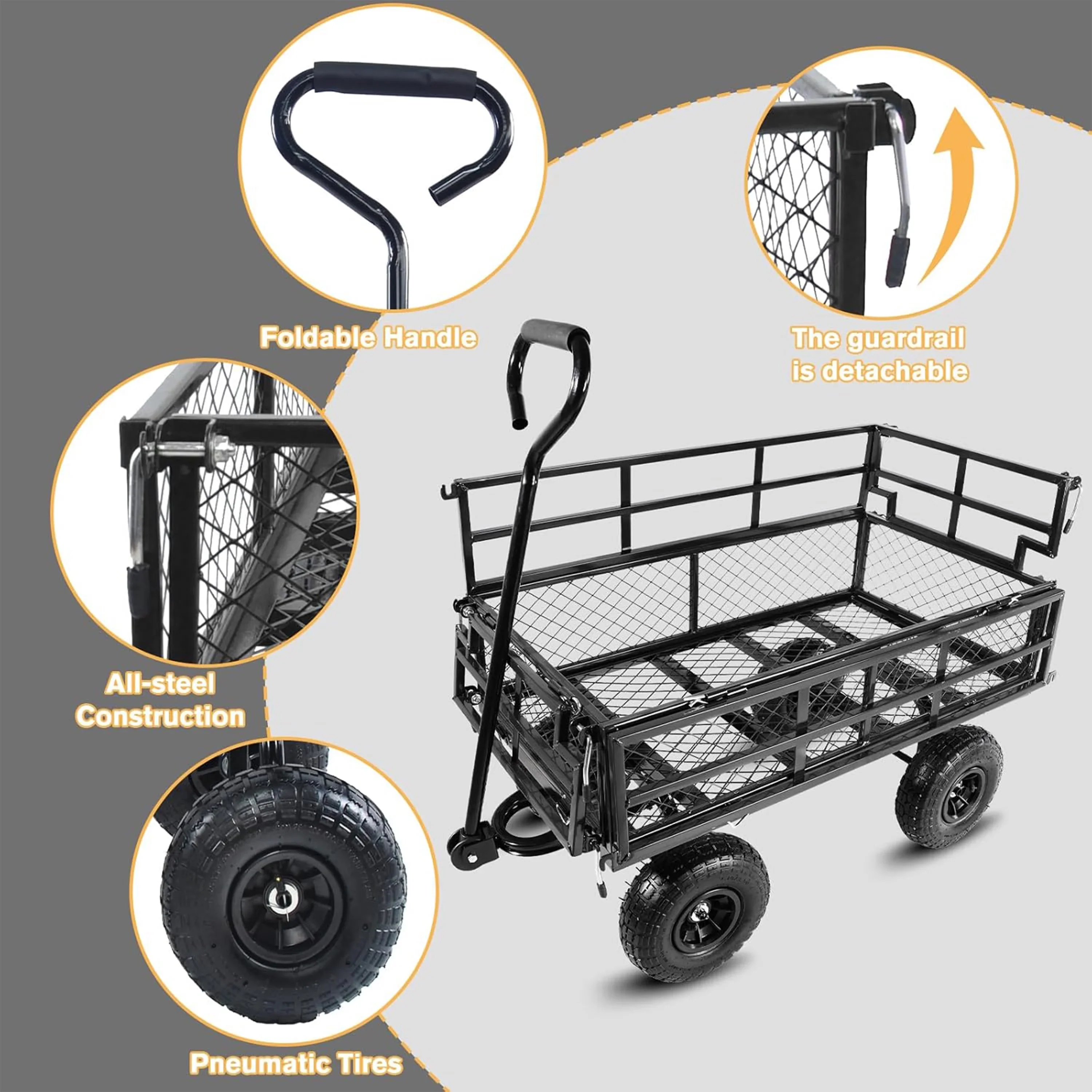 Furnibear Heavy Duty Steel Garden Cart 1500lbs Capacity, 6.35 cu ft, 40.55 x 27.56 Folding Utility Wagon with Double-Layer Removable Side, Black