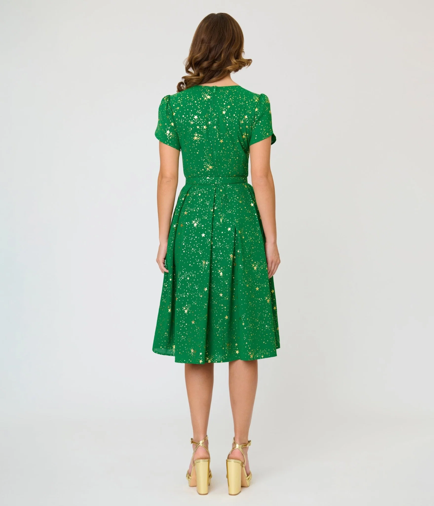 Unique Vintage Green & Gold Star Dahlia Swing Dress