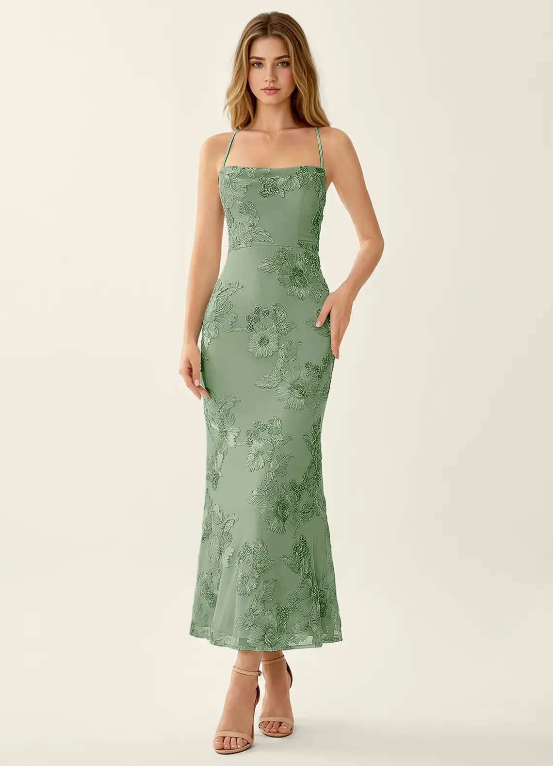 Octavenlly Sage Lace Mesh Wedding Guest