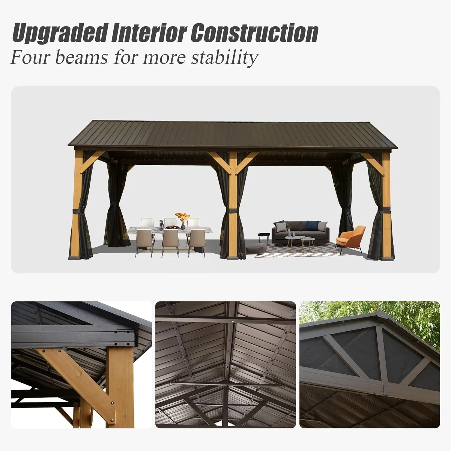 AECOJOY 12'x20' Wood Gazebo, Cedar Frame Hardtop Gazebo with Galvanized Steel Roof, Netting & Curtains