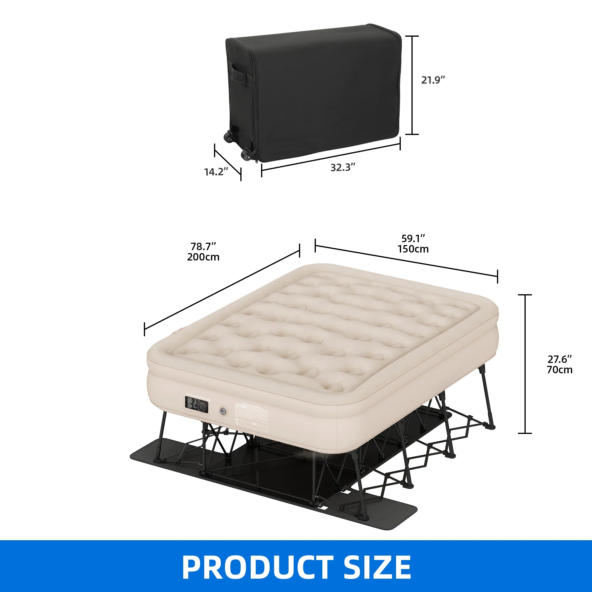 Inflatable Queen Air Mattress with Built-in Pump, Frame, Velvet Surface Portable Storage Case, Khaki(Queen/Khaki) - Image 7