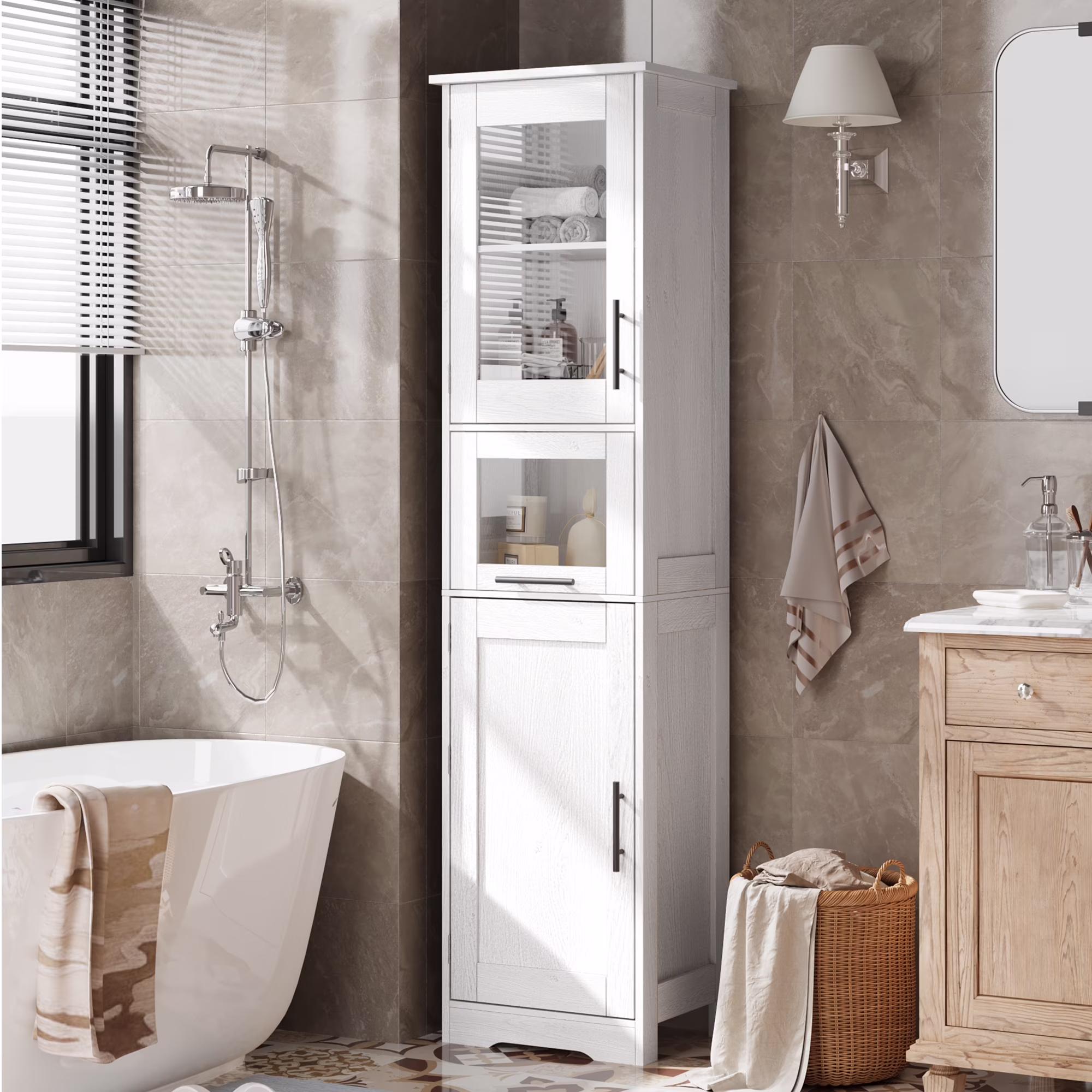 Bathroom Cabinet, Tall Storage Cabinet with Doors and Adjustable Shelf, Freestanding Floor Pantry Cabinet for Kitchen, Living Room, Laundry Room, Home Office