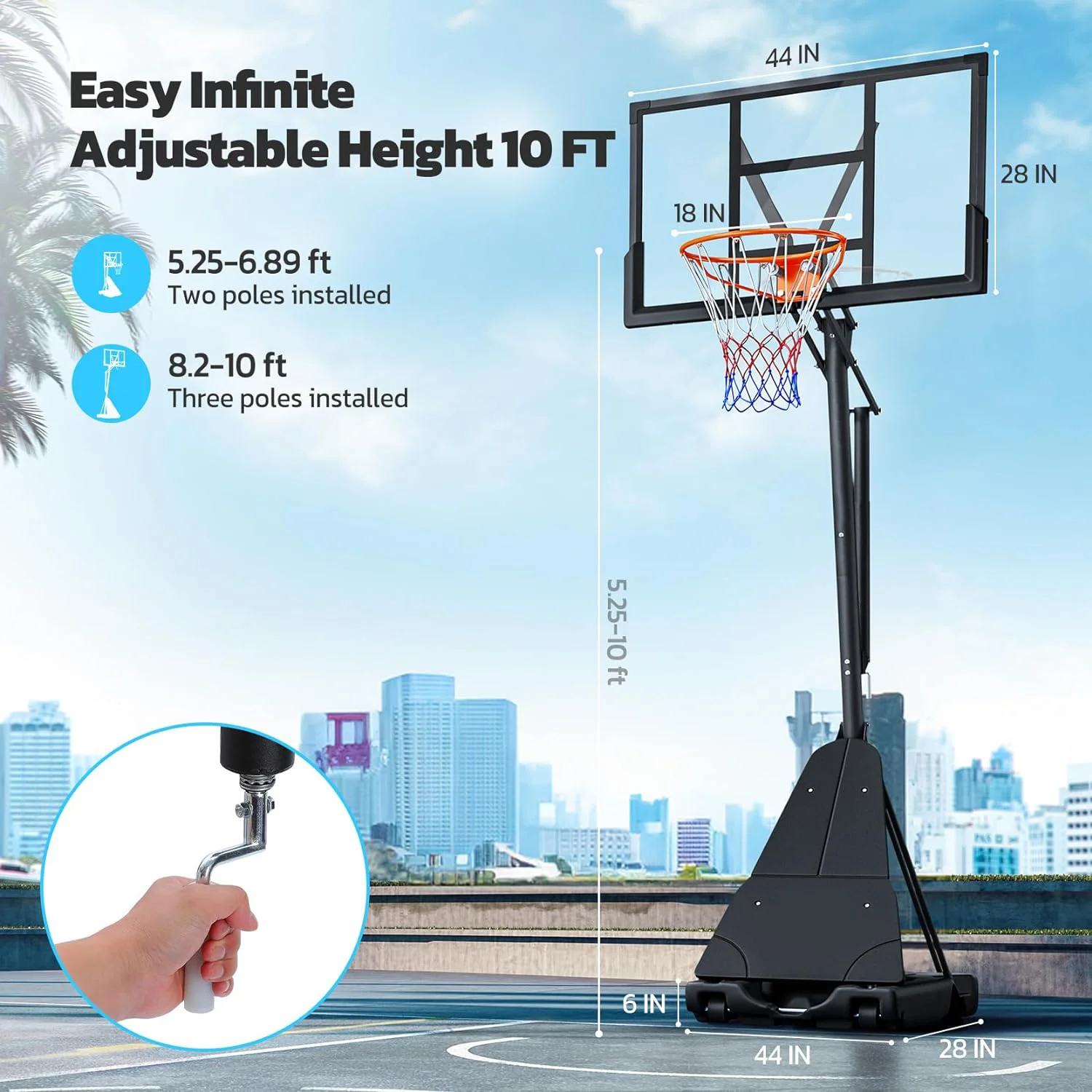 Basketball Hoop System, Quickly Height Adjustable 5.25 - 10ft, Dprodo 44 in PC Backboard Portable Basketball Goal for Outdoor Indoor Court