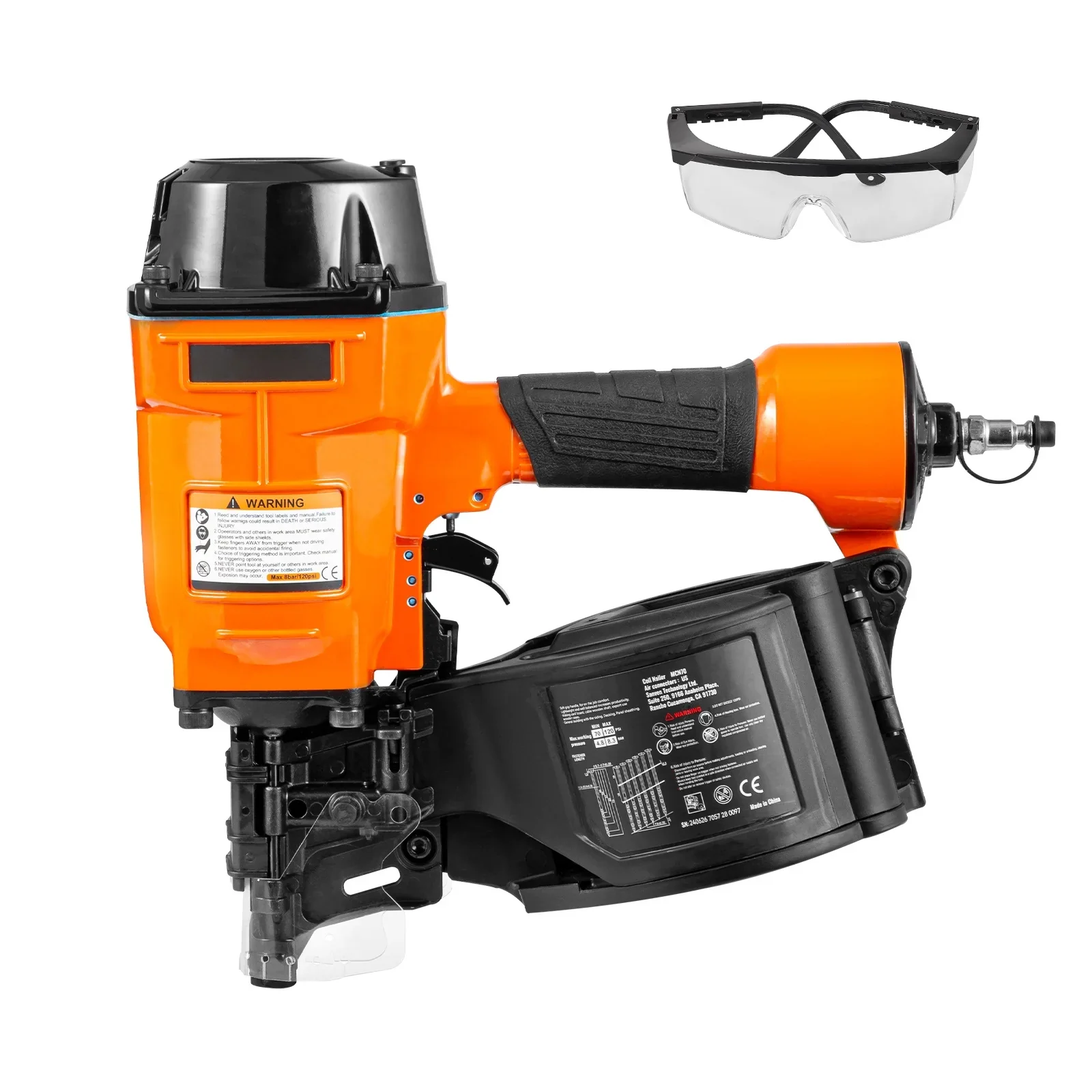 KFFKFF Pneumatic Coil Siding Nailer MCN70, Compatible with 1-3/4 to 2-3/4 Nails, 15 Degree Angle, 70-120PSI, Ideal for Pallets, Crates, Frames, Siding & Fences